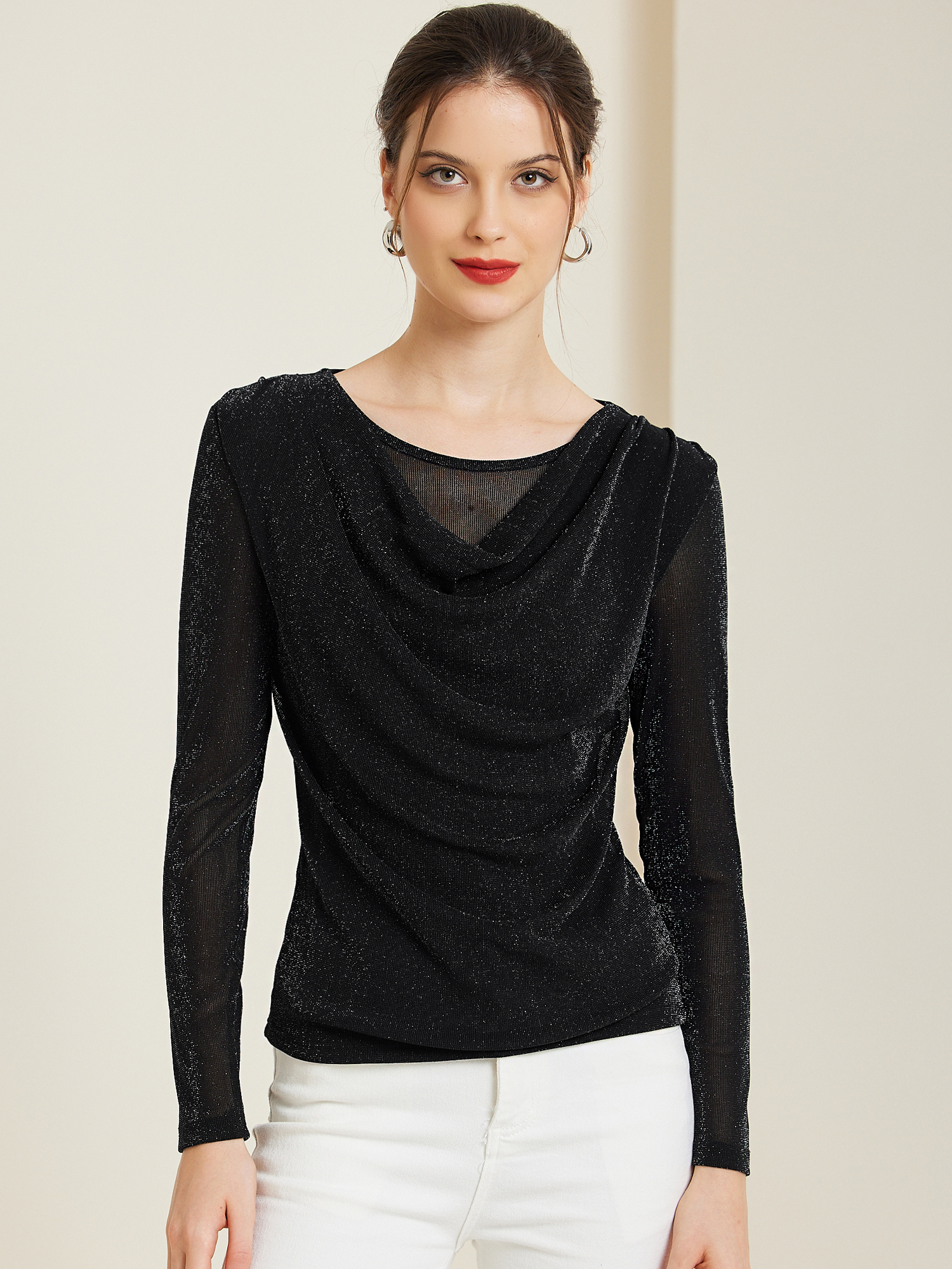 Ruched Cowl Neck Long Sleeves Glitter Blouse Black/S