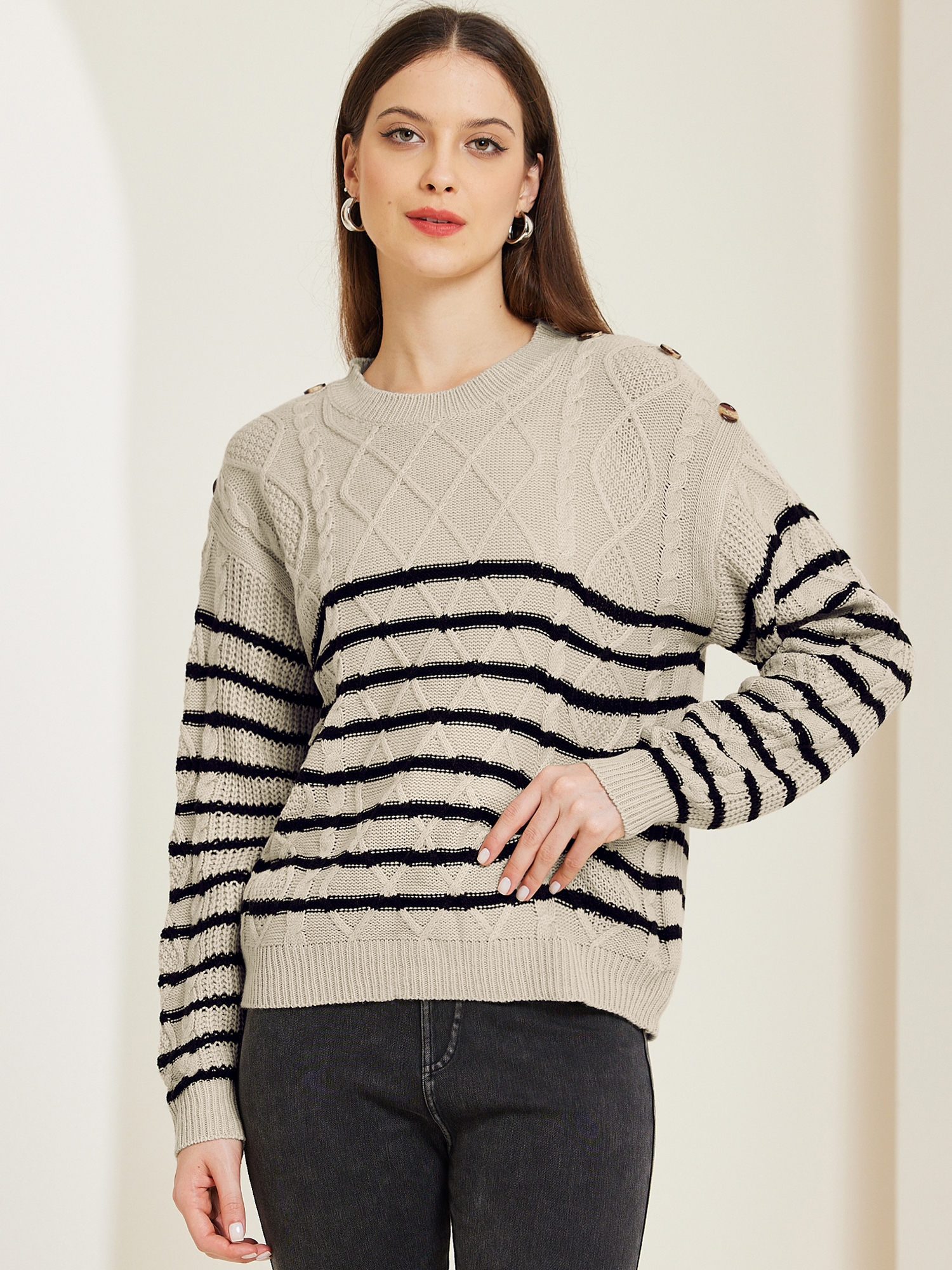 Striped Pullover Crew Neck Long Sleeve Cable Knitted Sweater Apricot/M