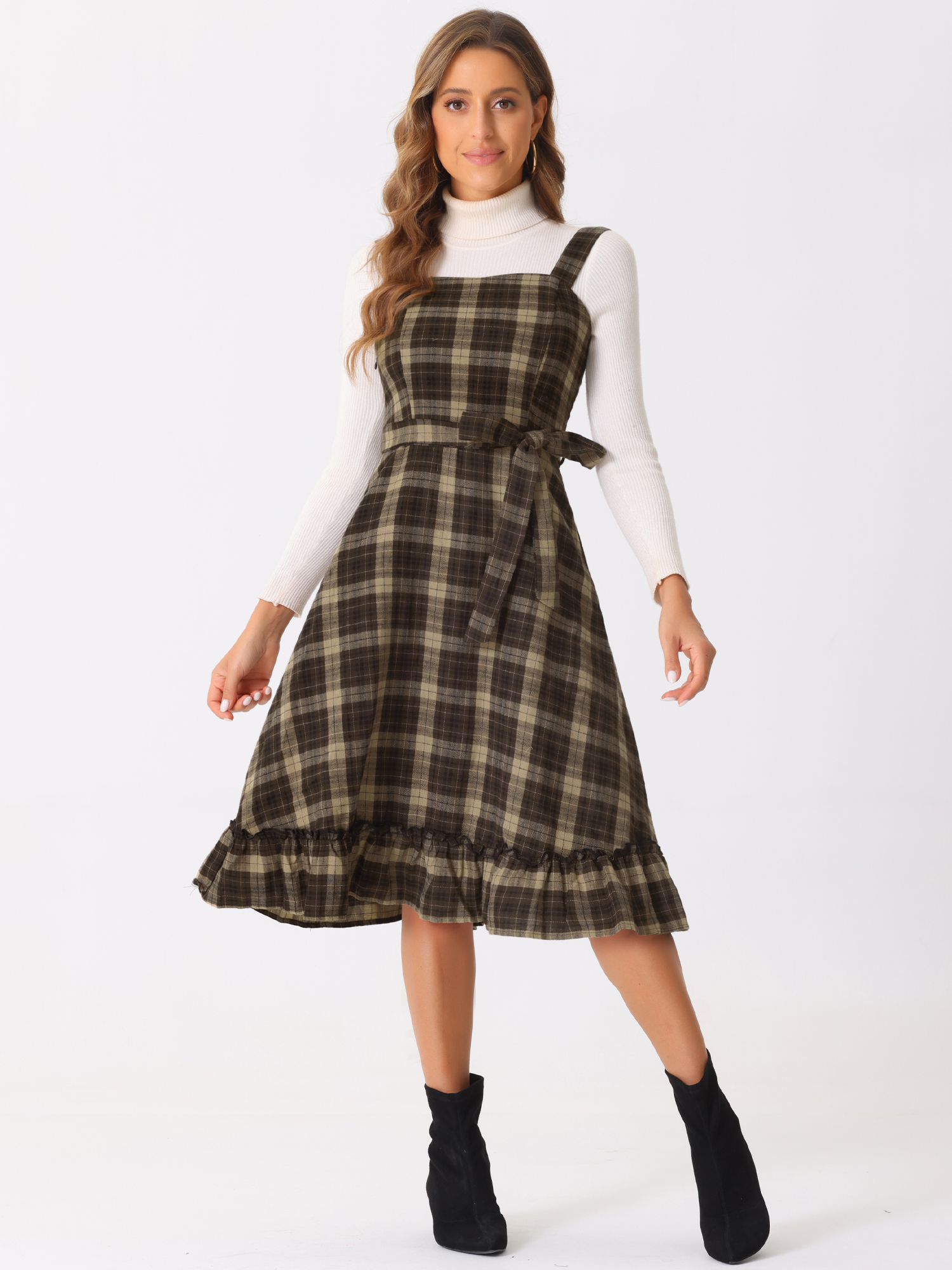 Plaid Ruffled Sleeveless Tie Waist A-Line Pinafore Overall Dress Khaki Brown/L