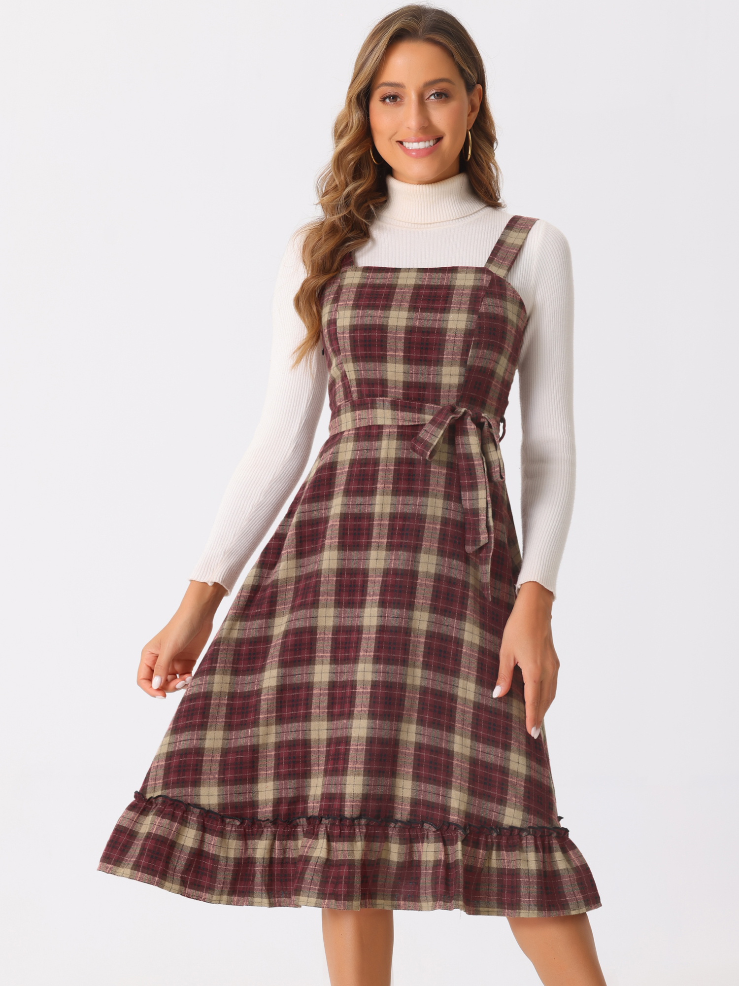 Plaid Ruffled Sleeveless Tie Waist A-Line Pinafore Overall Dress Red Black/S