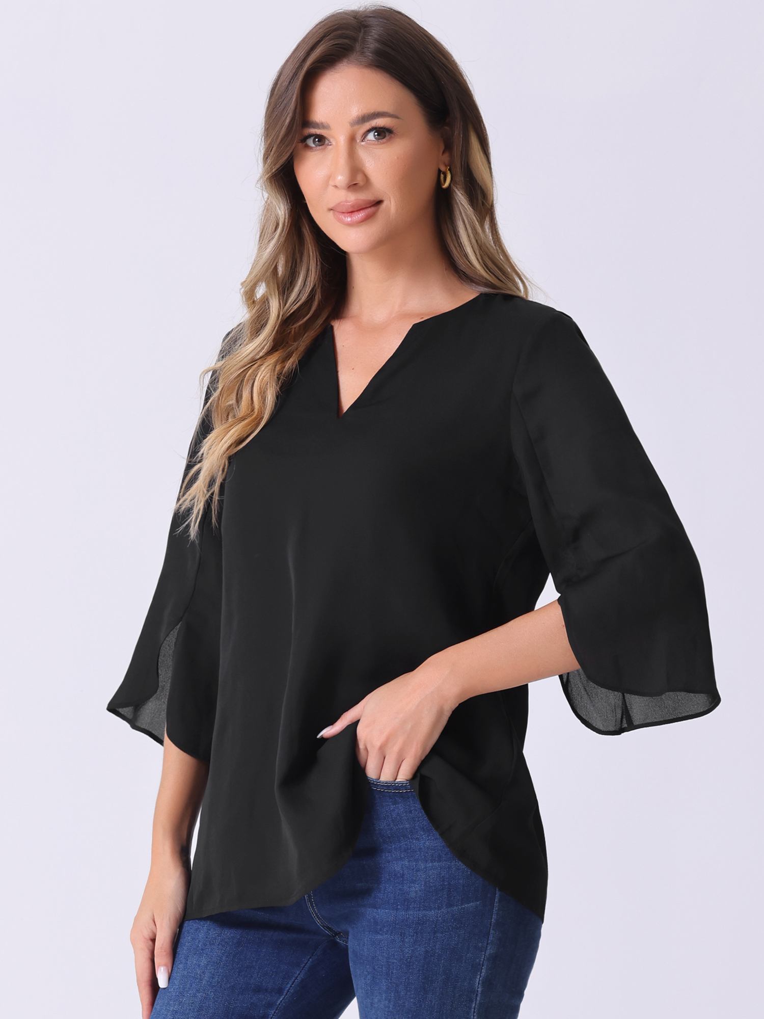 3/4 Split Sleeve Notch Neck Flowy Mesh Casual Blouse Black/XL