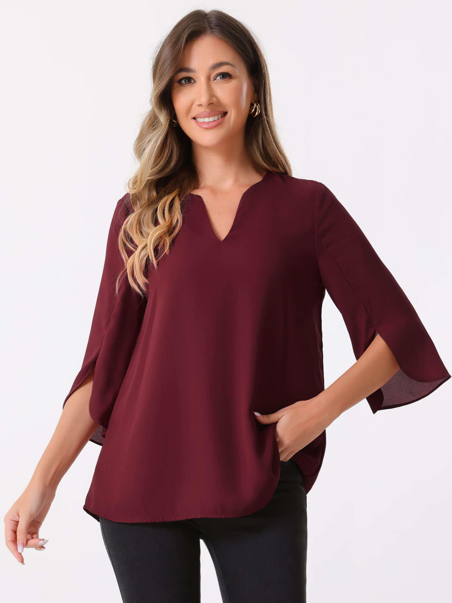 3/4 Split Sleeve Notch Neck Flowy Mesh Casual Blouse Burgundy/XL