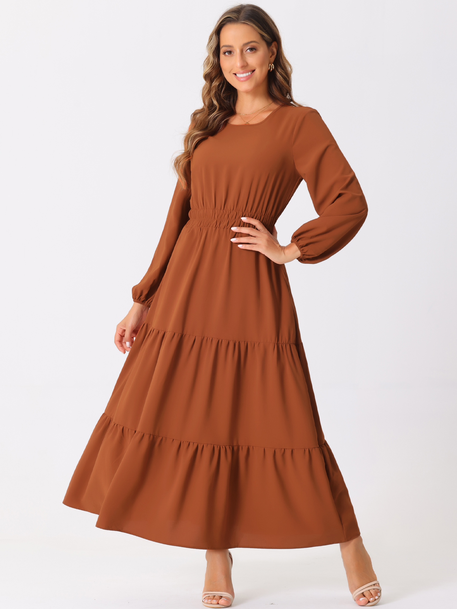 Long Sleeve Crew Neck Pocketed Tiered Maxi Dress Rust/M