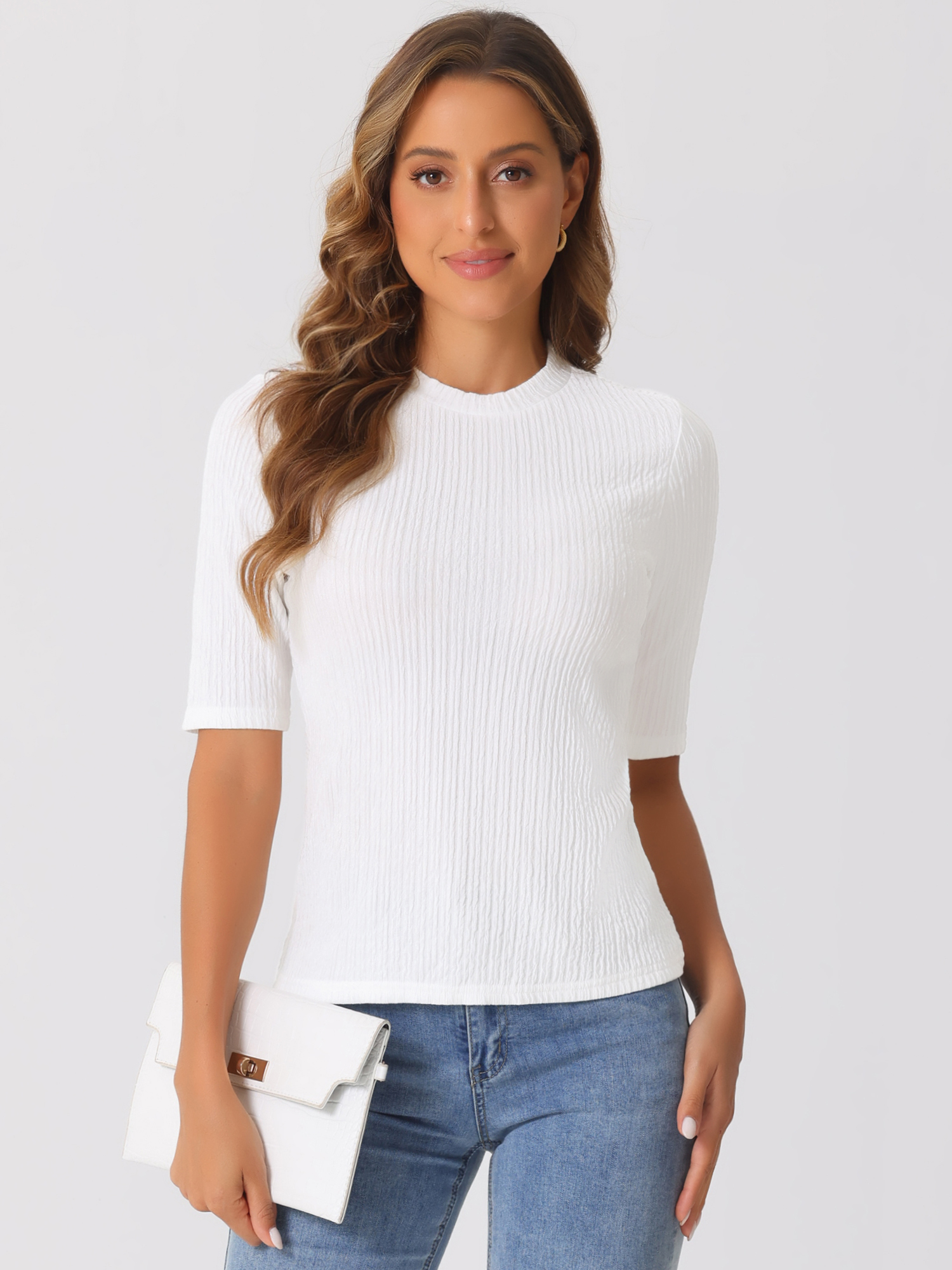 Crew Neck Short Sleeve Textured Basic Casual Blouse White/XS