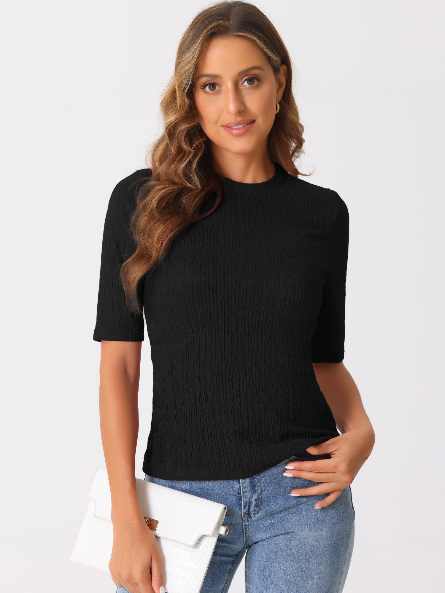 Crew Neck Short Sleeve Textured Basic Casual Blouse Black/M