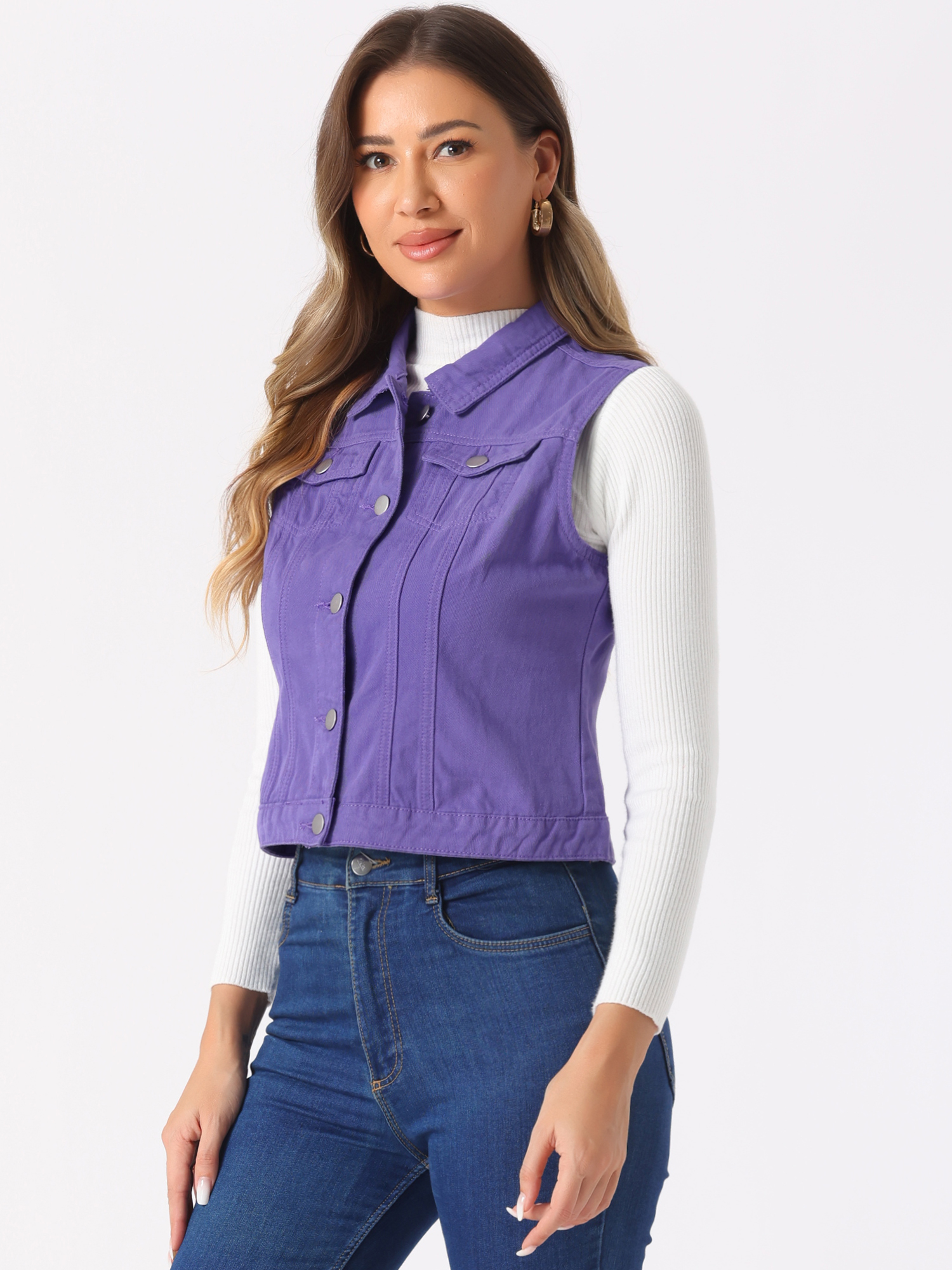 Flap Pocket Washed Buttoned Denim Jacket Vest Purple/S