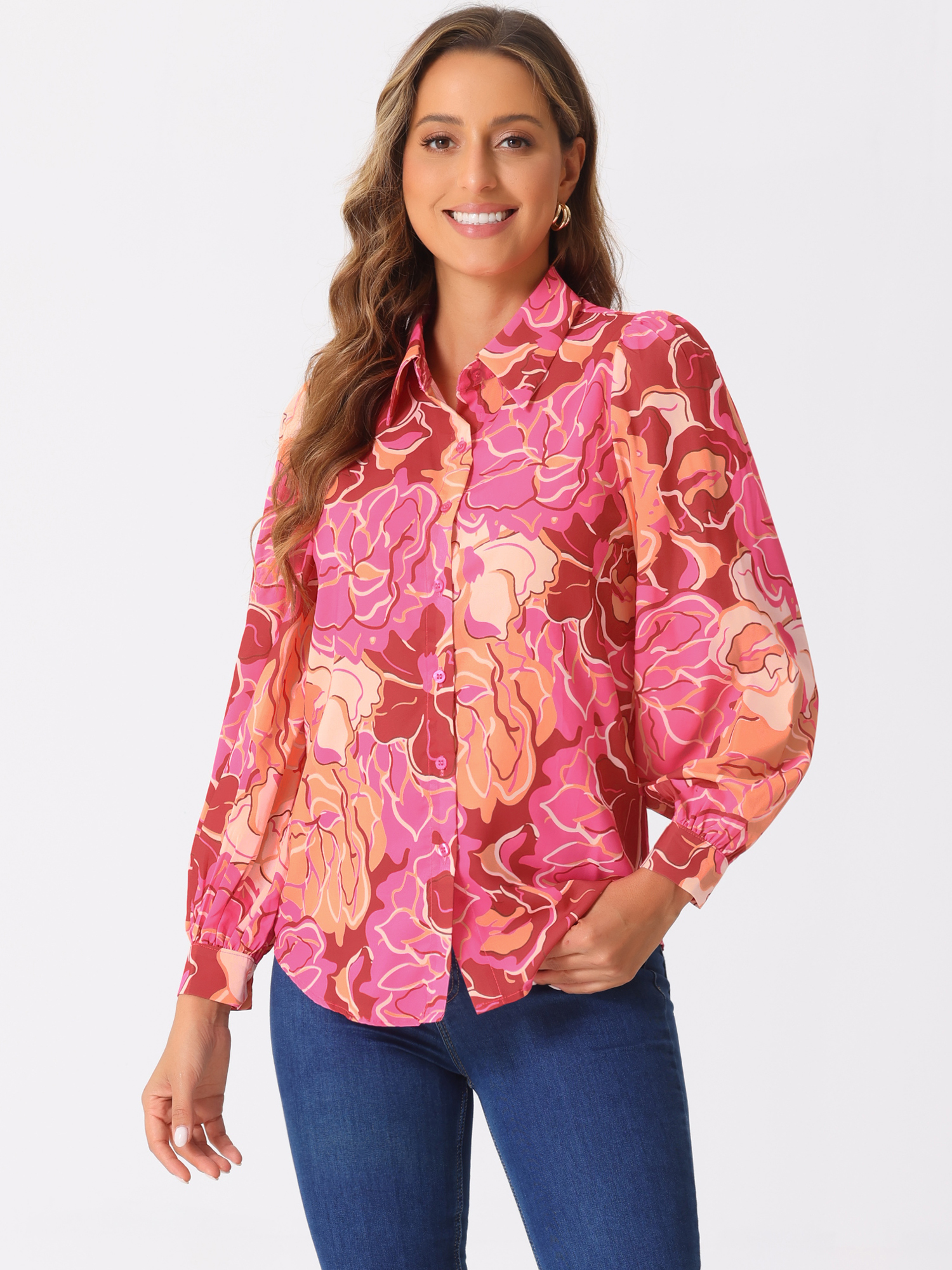 Floral Button Up Puff Long Sleeve Casual Blouse Red/XL