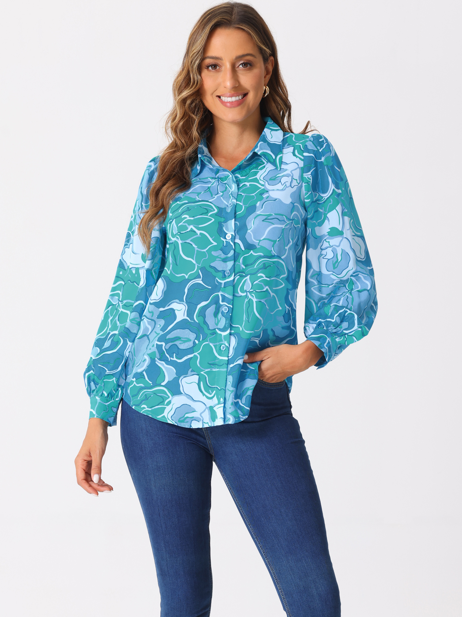 Floral Button Up Puff Long Sleeve Casual Blouse Blue/S