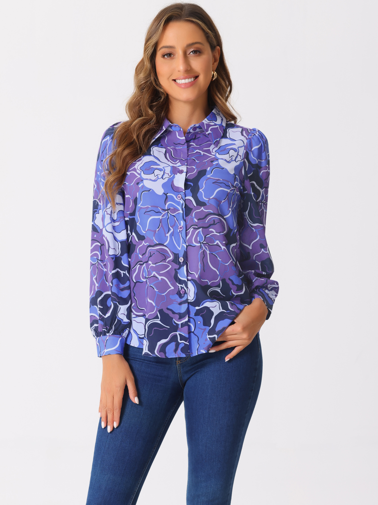 Floral Button Up Puff Long Sleeve Casual Blouse Purple/M