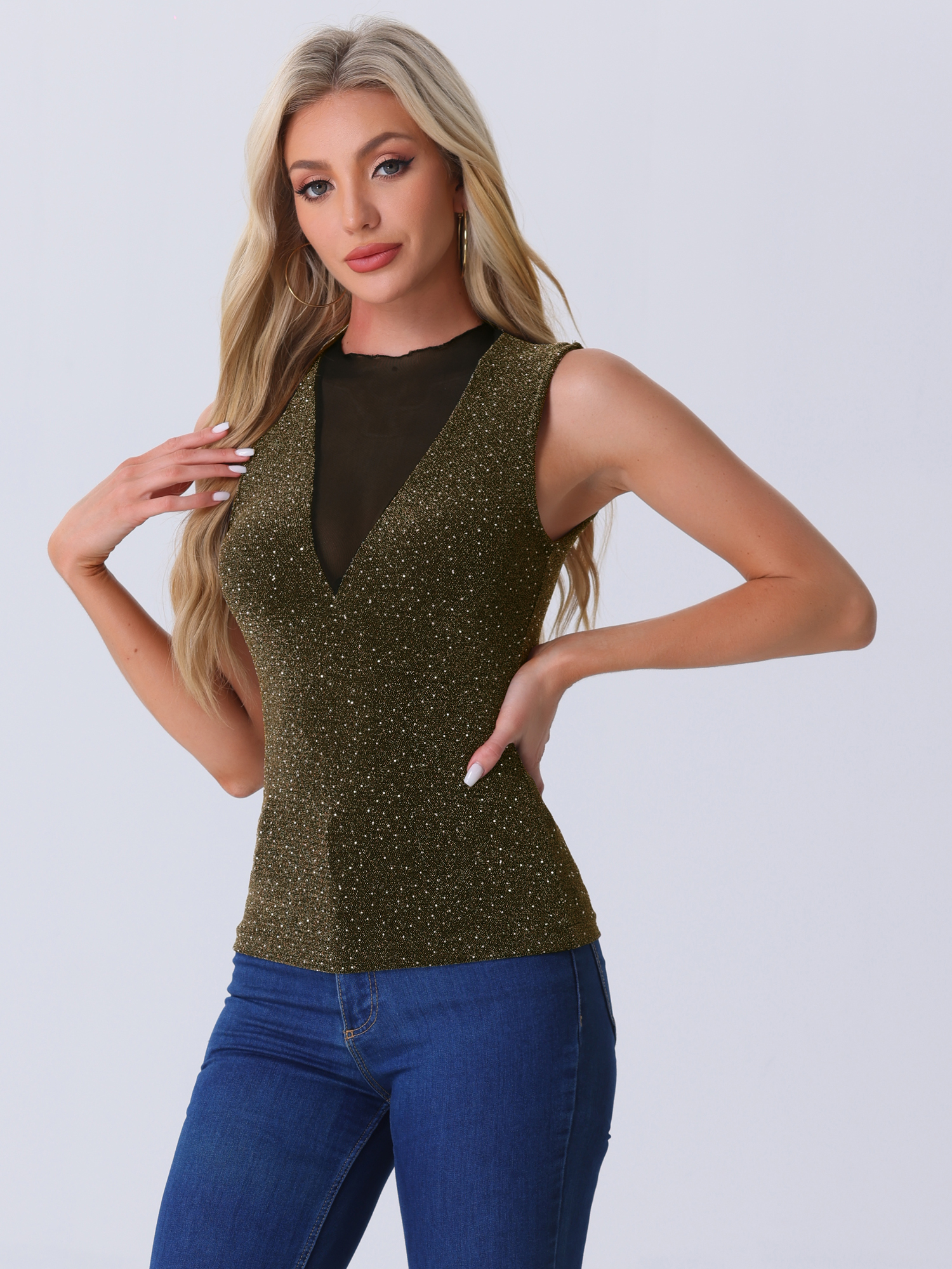 Sleeveless Mesh Patchwork Glitter Party Club Sparkly Tops Black Gold/L