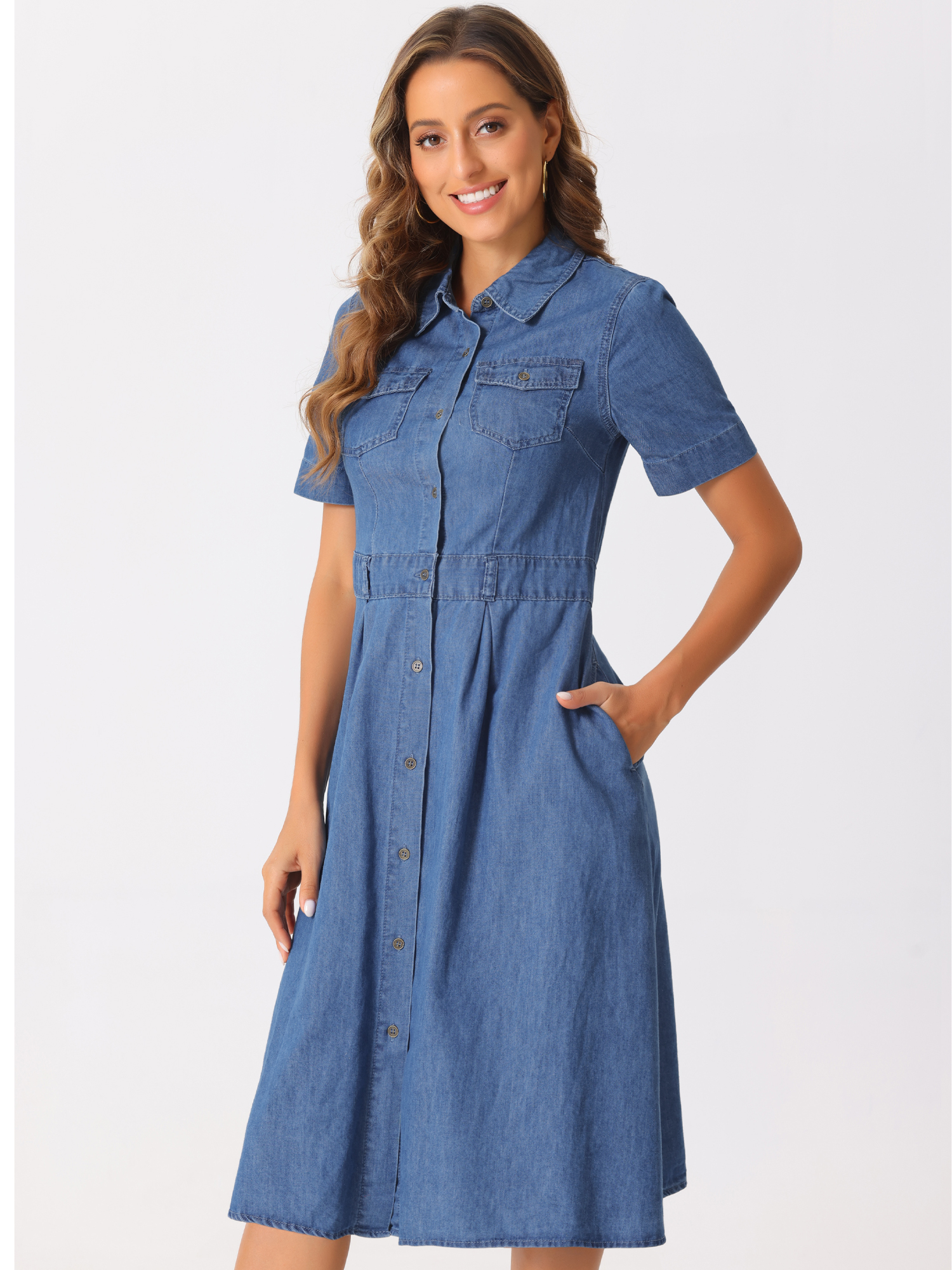 Denim Pockets Button Up Short Sleeve A-Line Midi Jean Shirt Dress Blue/M