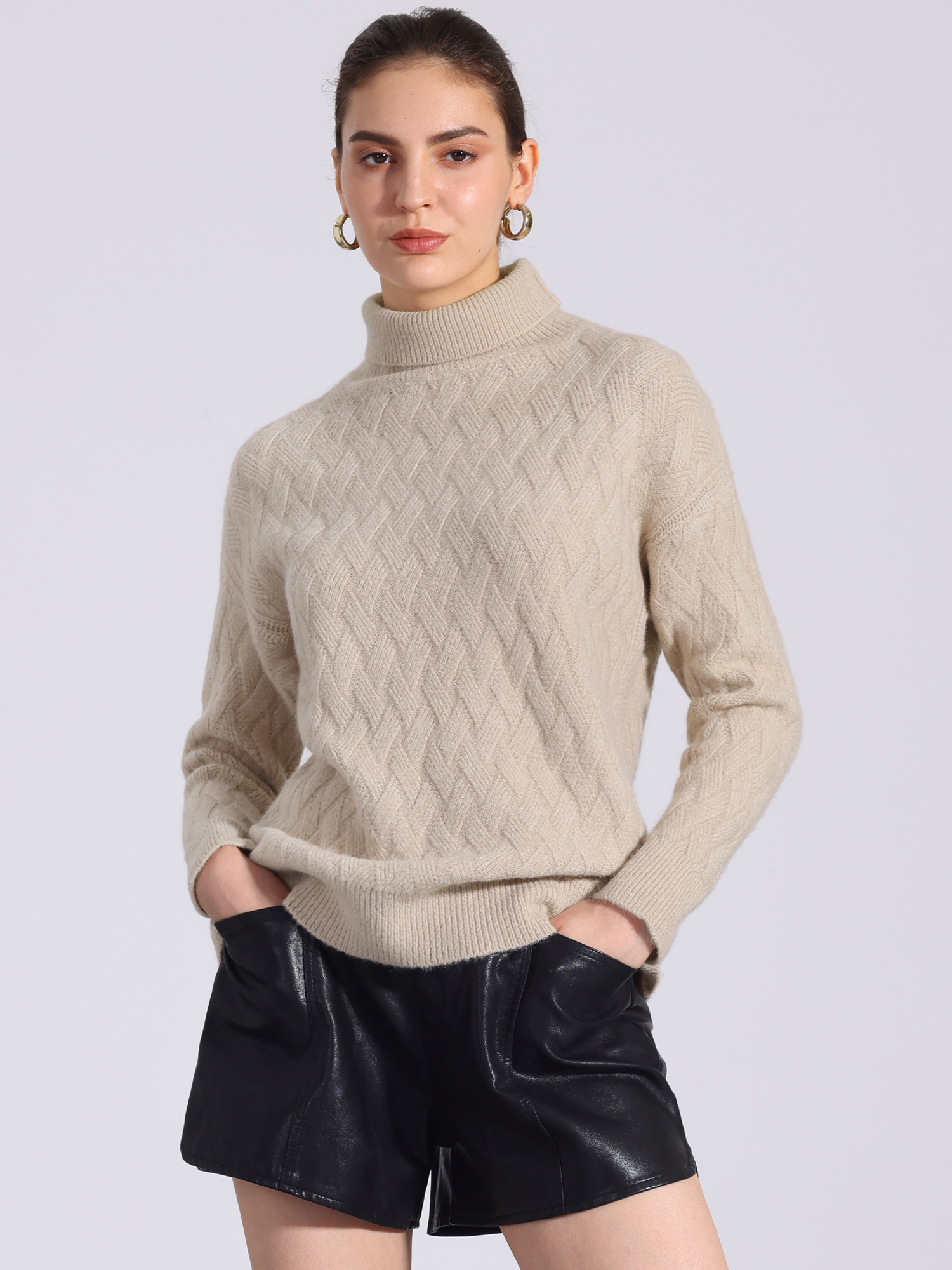 Turtle Neck Long Sleeve Ribbed Stretch Winter Pullover Sweater Apricot/S