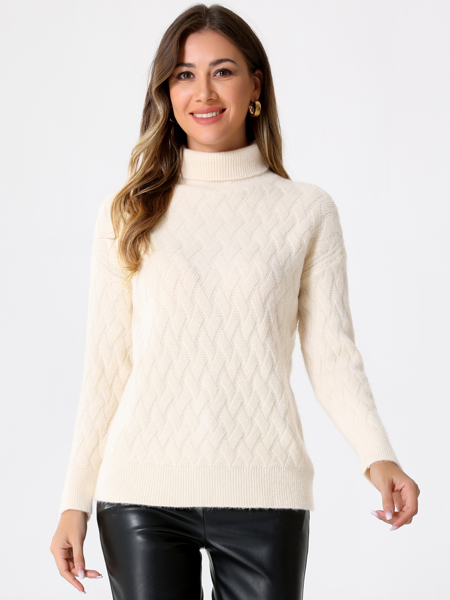 Turtle Neck Long Sleeve Ribbed Stretch Winter Pullover Sweater Beige/XL