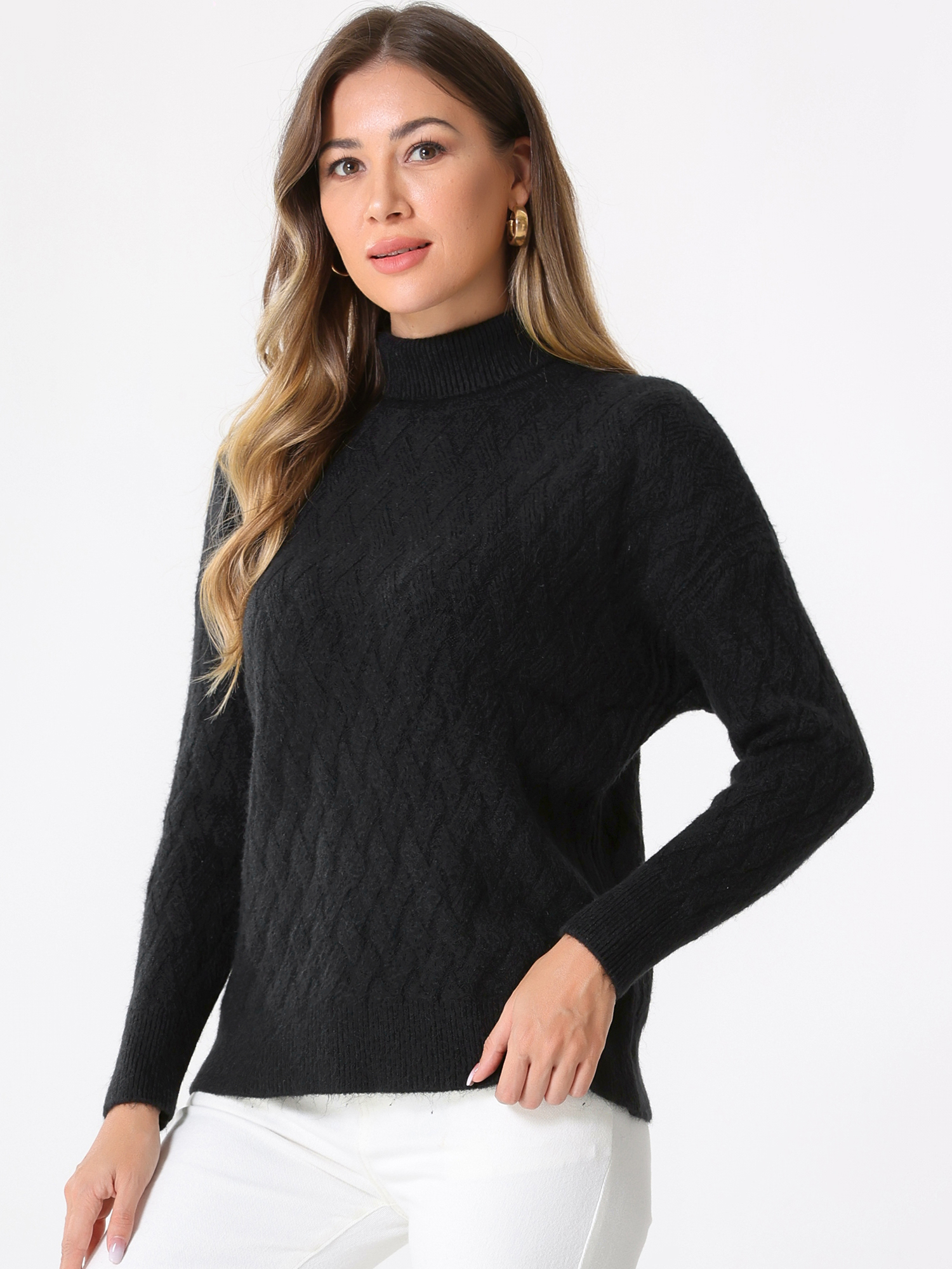 Turtle Neck Long Sleeve Ribbed Stretch Winter Pullover Sweater Black/L