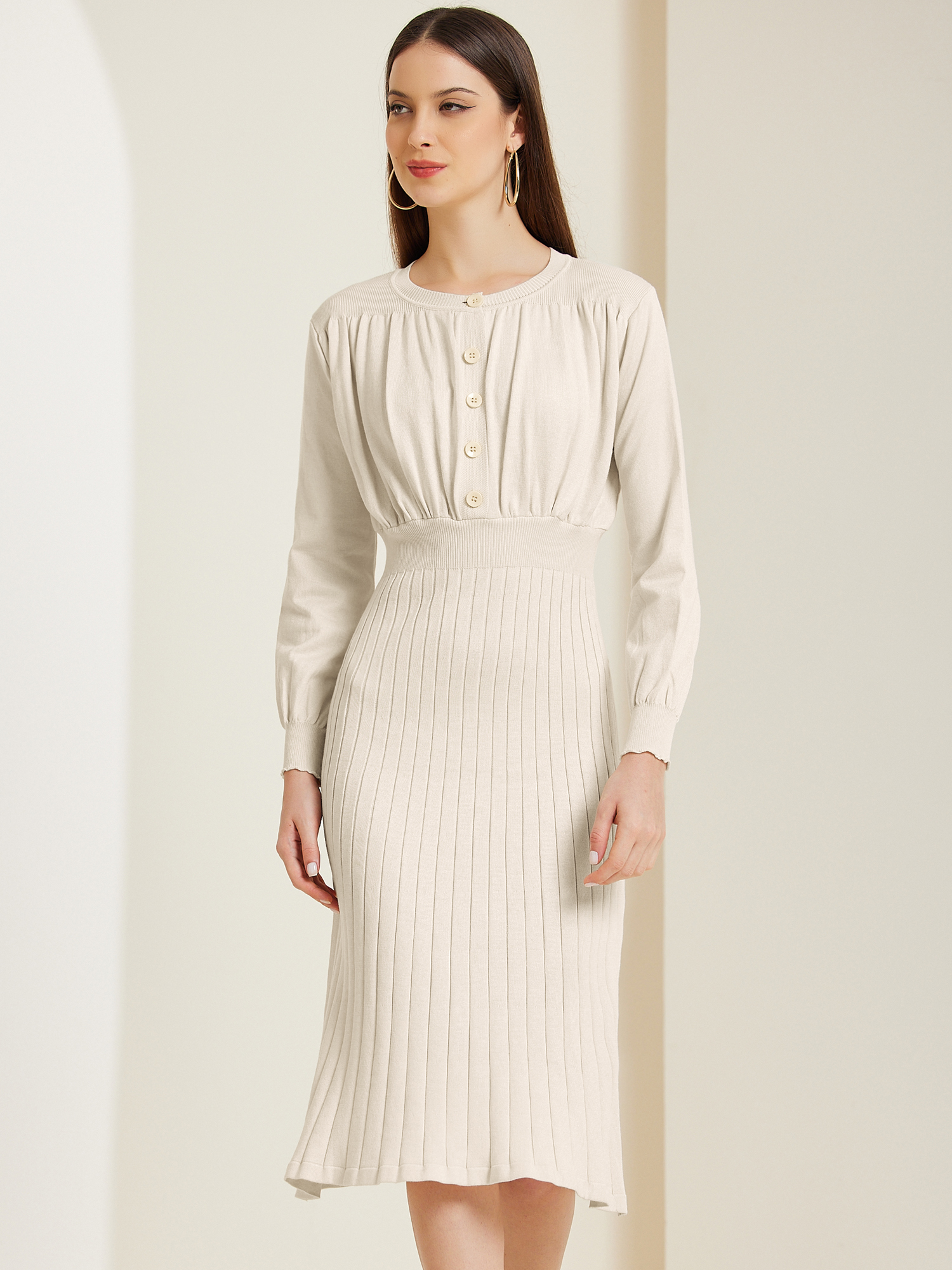 Crew Neck Pleated Lantern Sleeve Midi Ribbed Knit Sweater Dress Beige/L