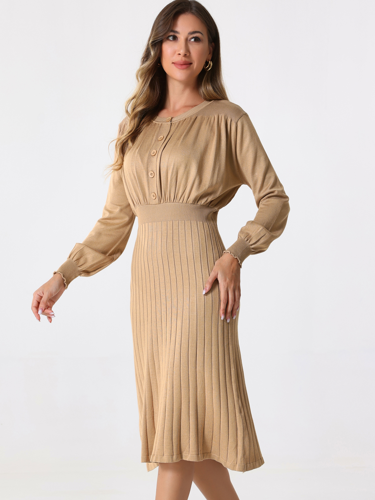 Crew Neck Pleated Lantern Sleeve Midi Ribbed Knit Sweater Dress Khaki/S