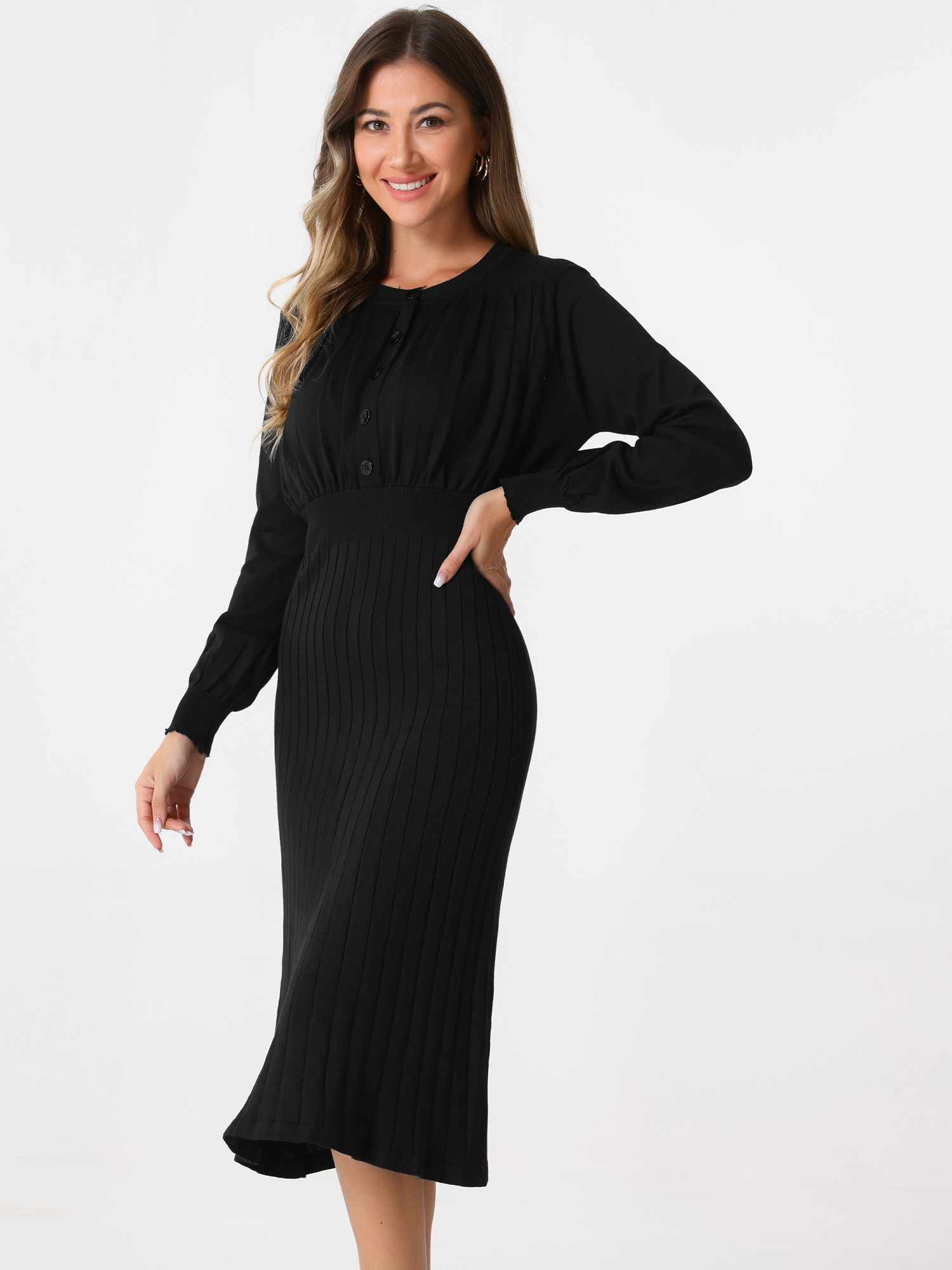Crew Neck Pleated Lantern Sleeve Midi Ribbed Knit Sweater Dress Black/S