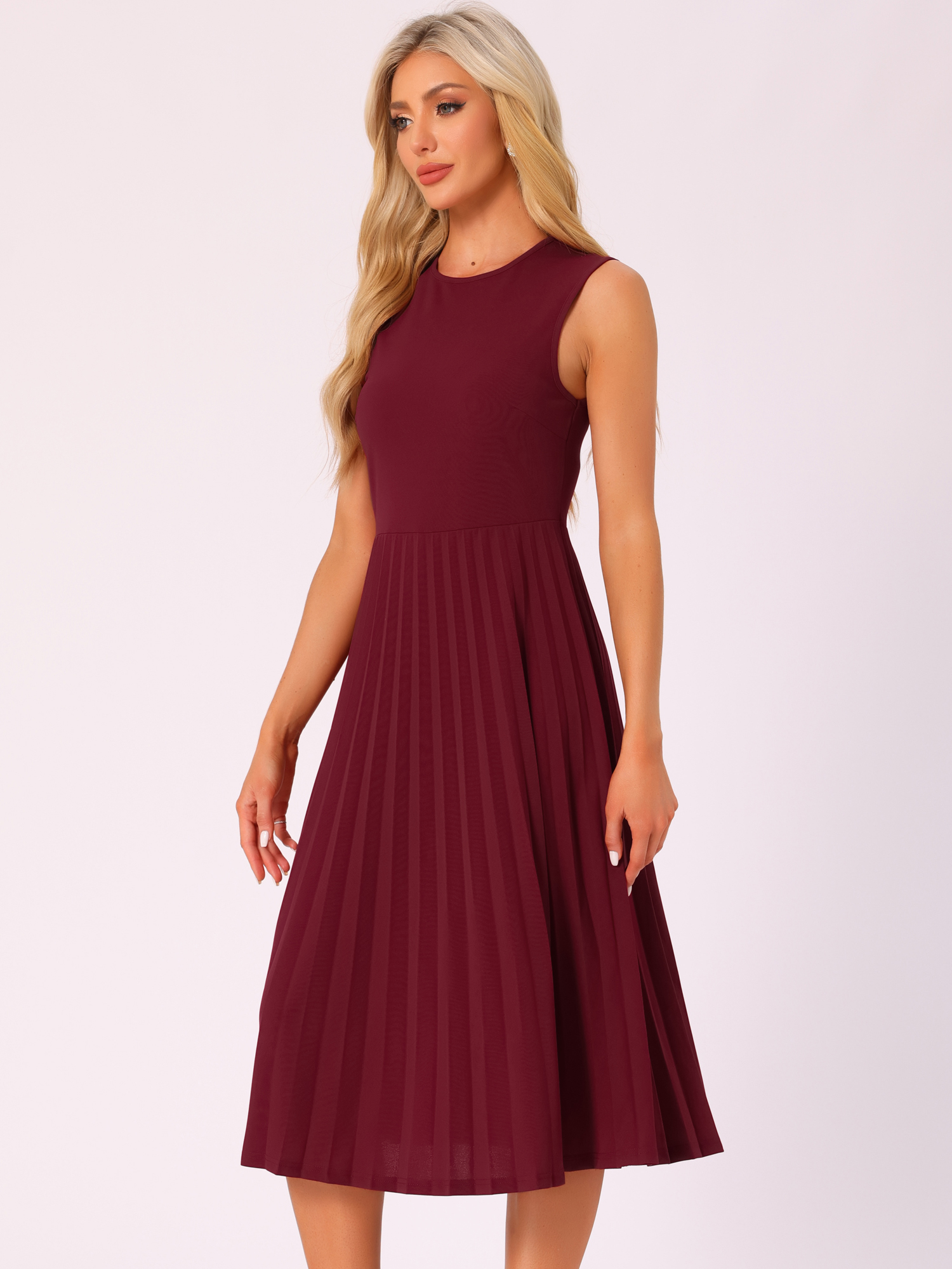 Sleeveless Pleated Crew Neck A-Line Midi Dress Dark Red/S
