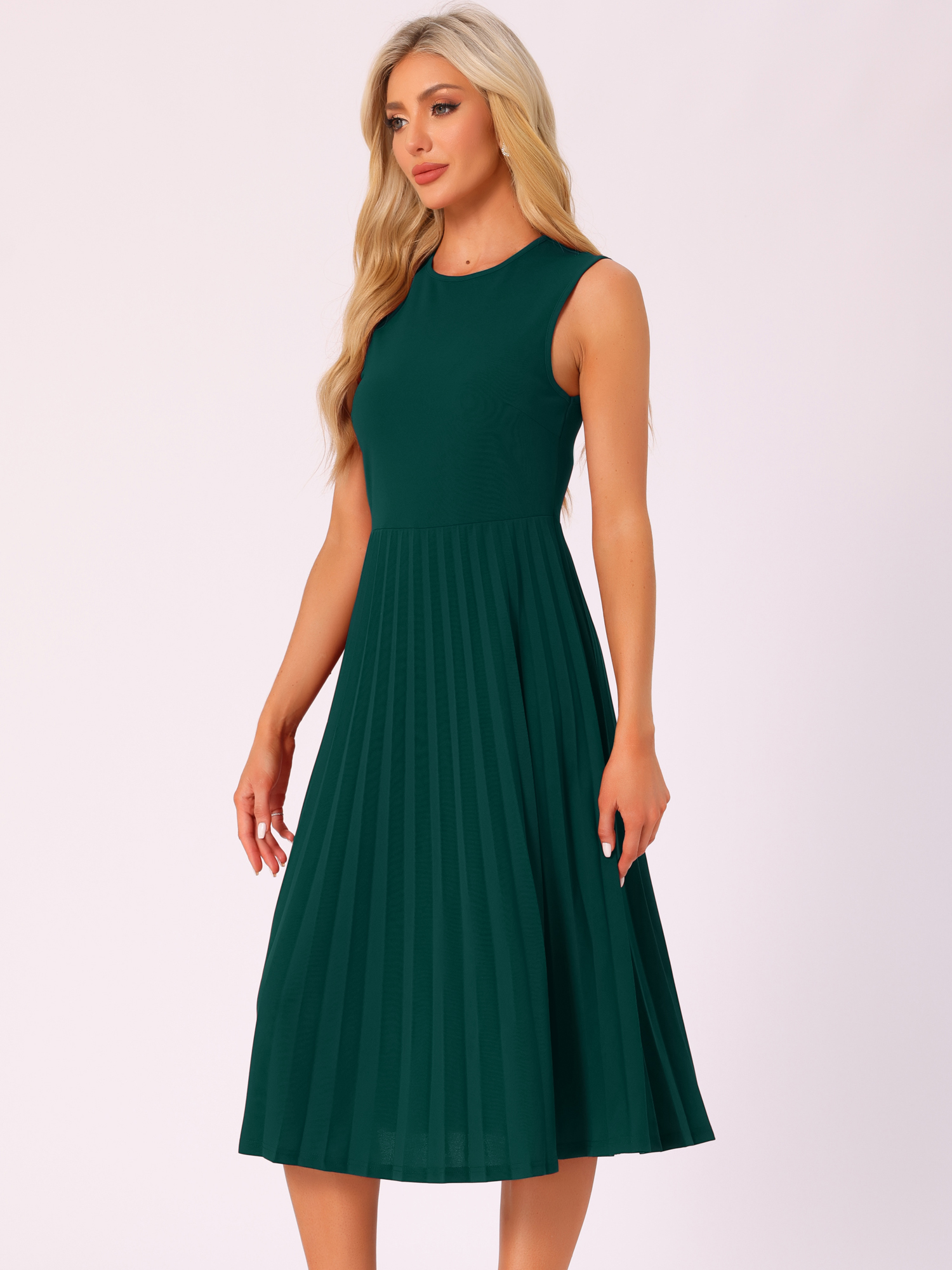 Sleeveless Pleated Crew Neck A-Line Midi Dress Dark Green/S