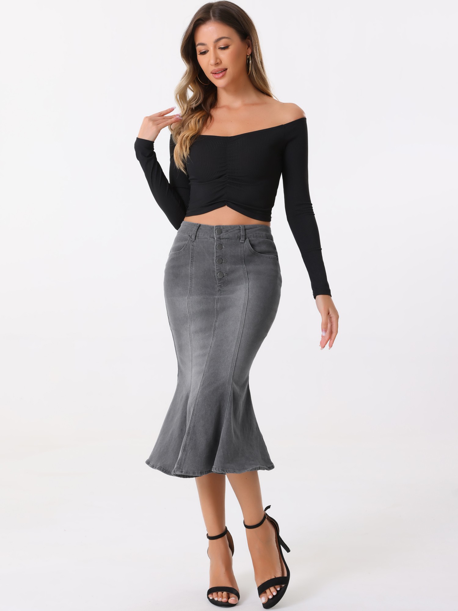 Fishtail Denim Button Pockets Distressed Midi Skirt Grey/M