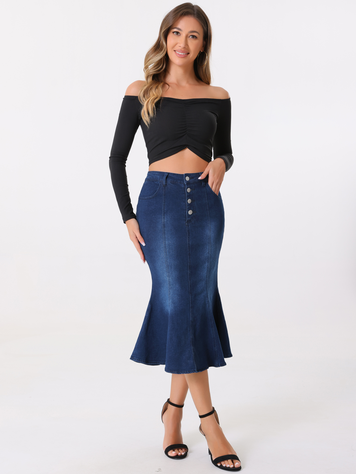 Fishtail Denim Button Pockets Distressed Midi Skirt Black Blue/S