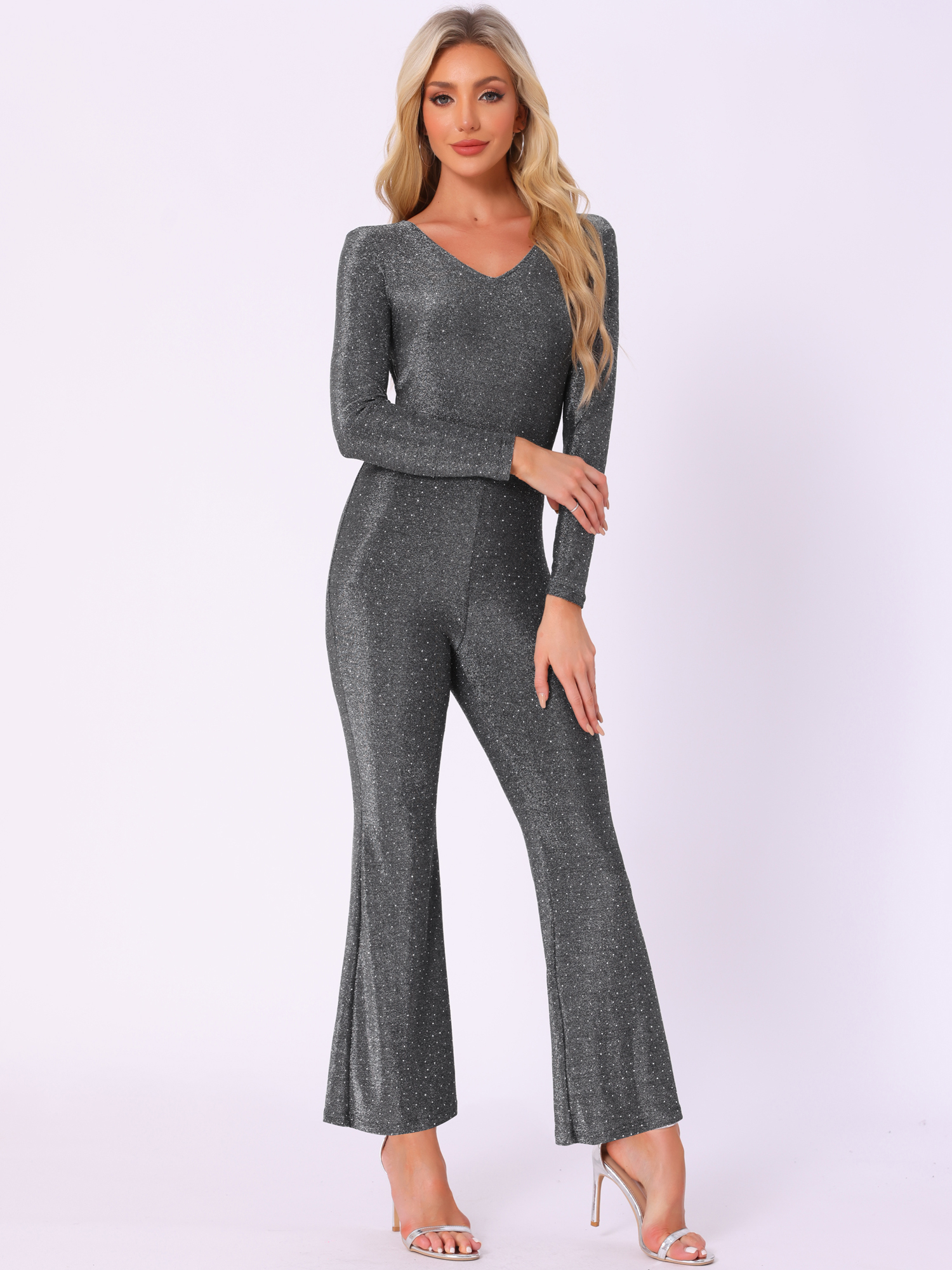 Glitter Sparkly Long Sleeves Bell Bottom Party Jumpsuits Black/S