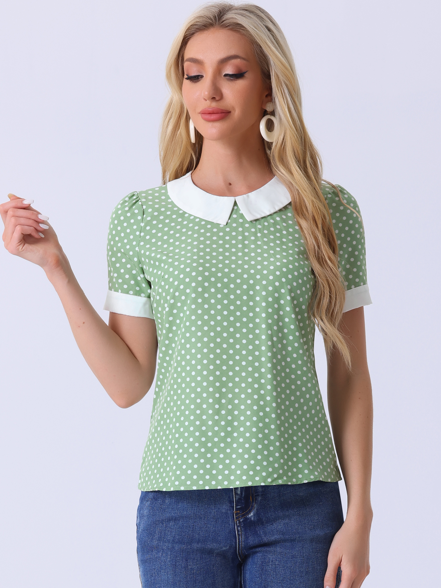 Peter Pan Collar Vintage Polka Dots Short Sleeves Blouse Dusty Green/L