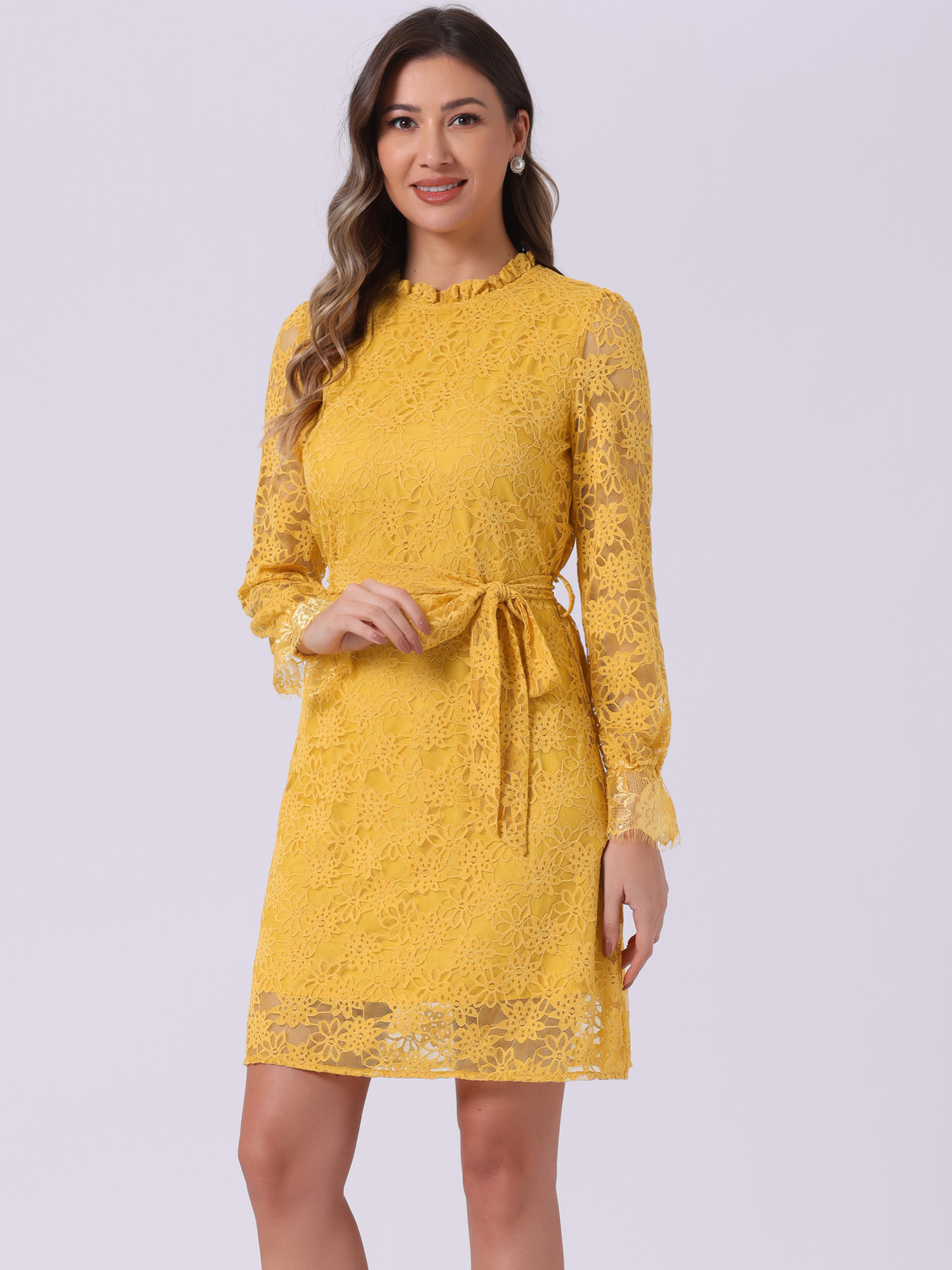 Lace Floral Ruffle Crew Neck Cocktail Mini Dress Dark Yellow/S