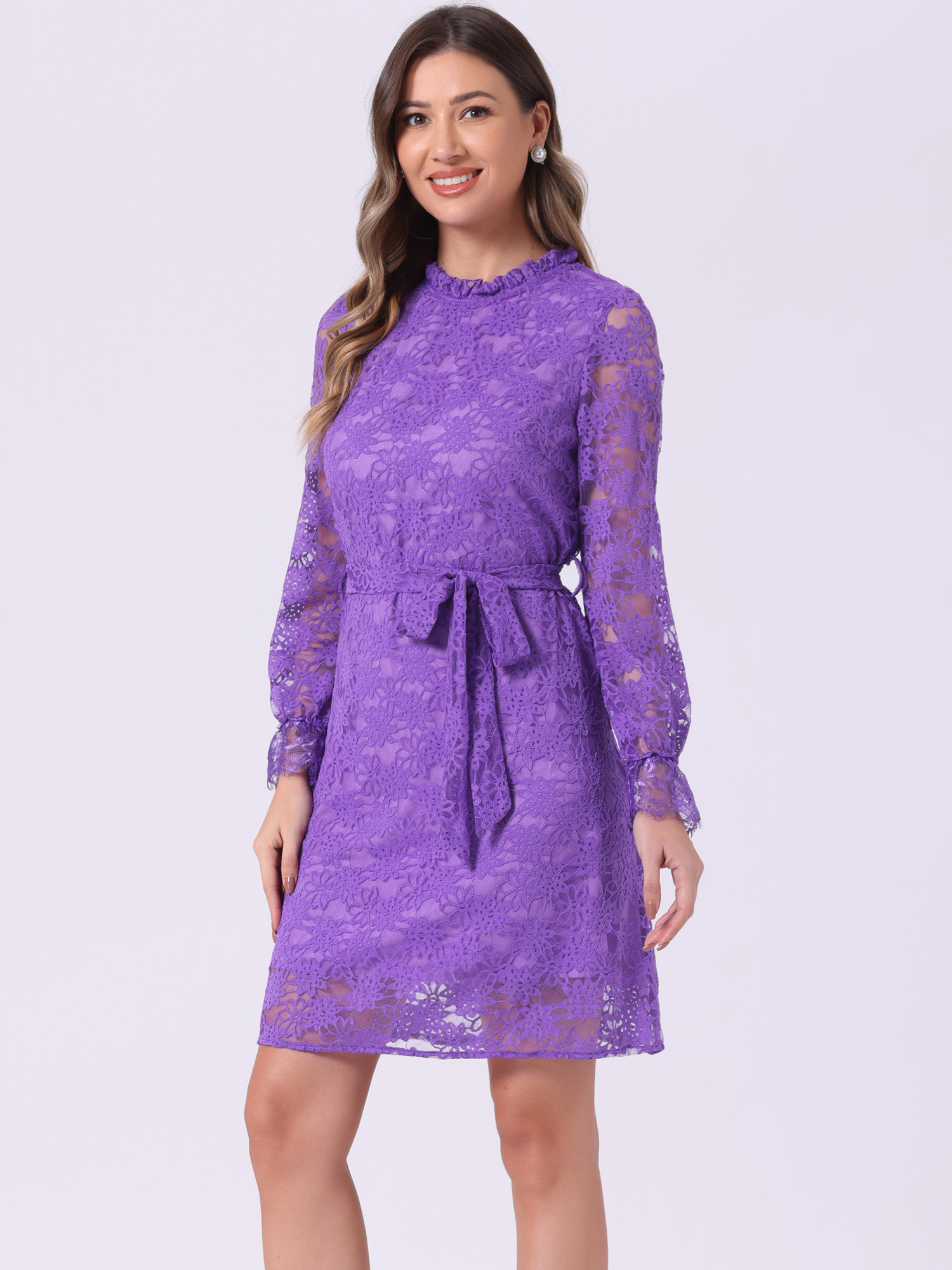 Lace Floral Ruffle Crew Neck Cocktail Mini Dress Violet Purple/XS