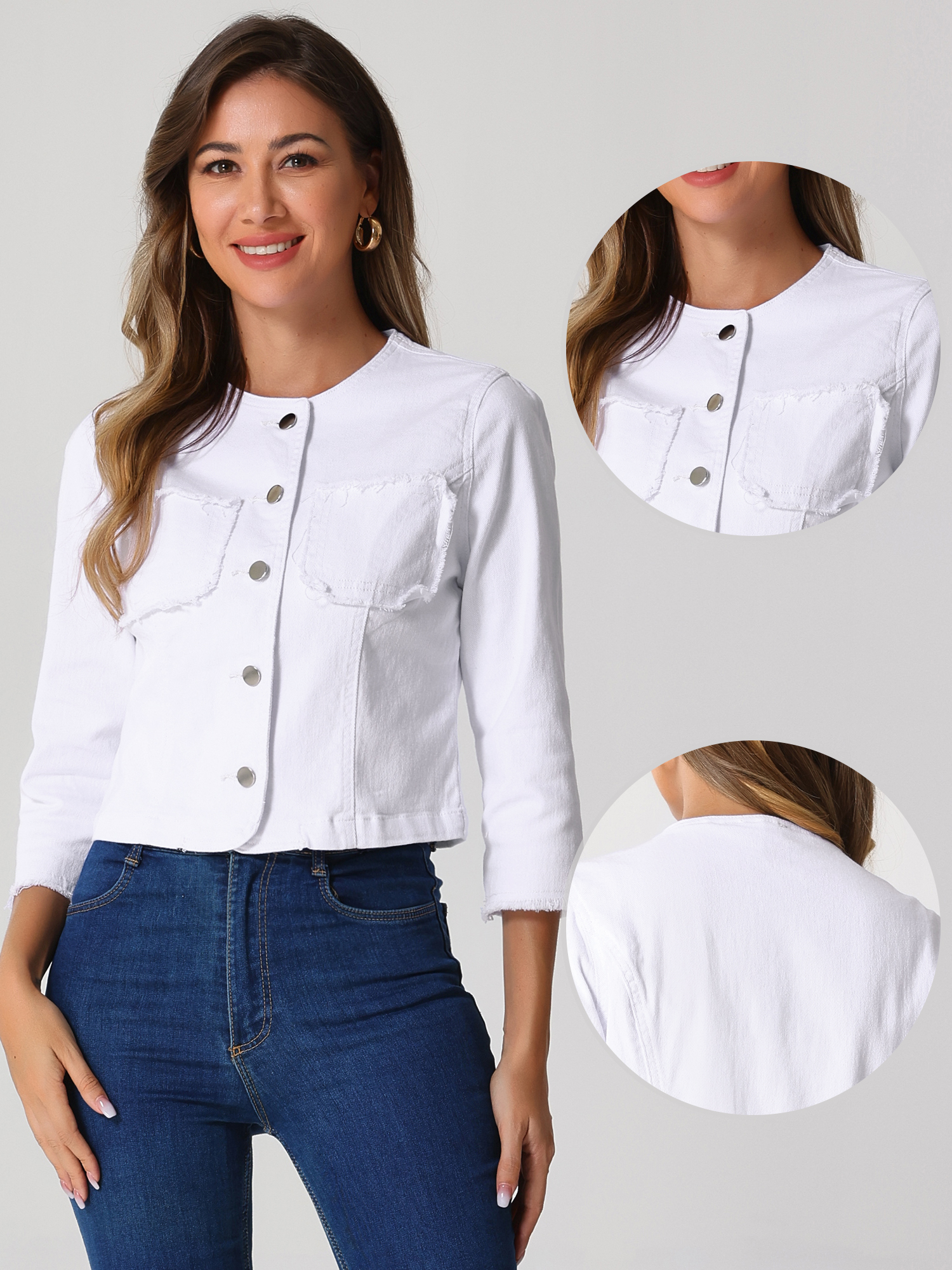 Denim 3/4 Sleeves Frayed Casual Collarless Cropped Jean Jacket White/L