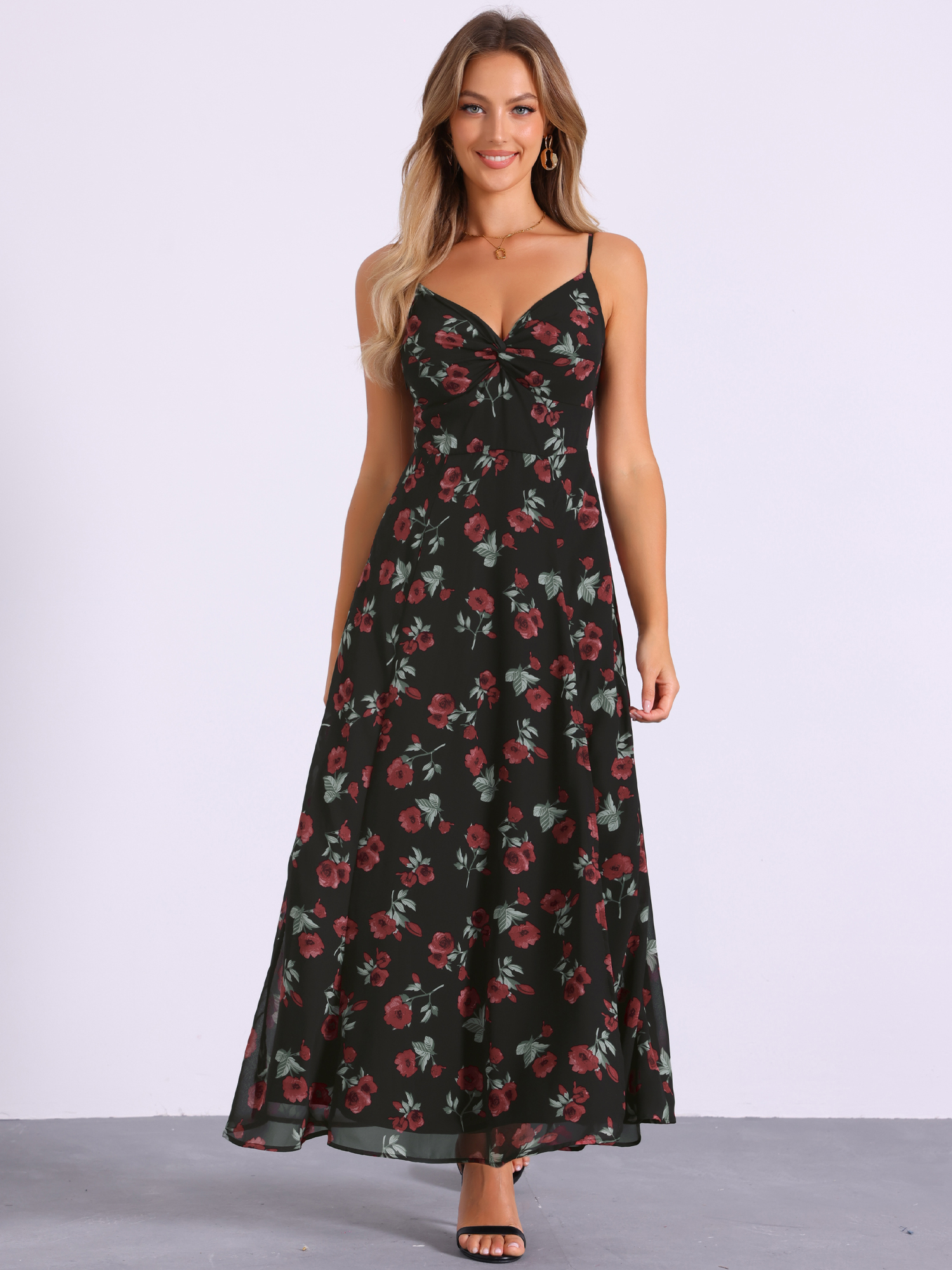 Spaghetti Strap Floral Smock Slit Elegant Maxi Dress Sundress Black/M