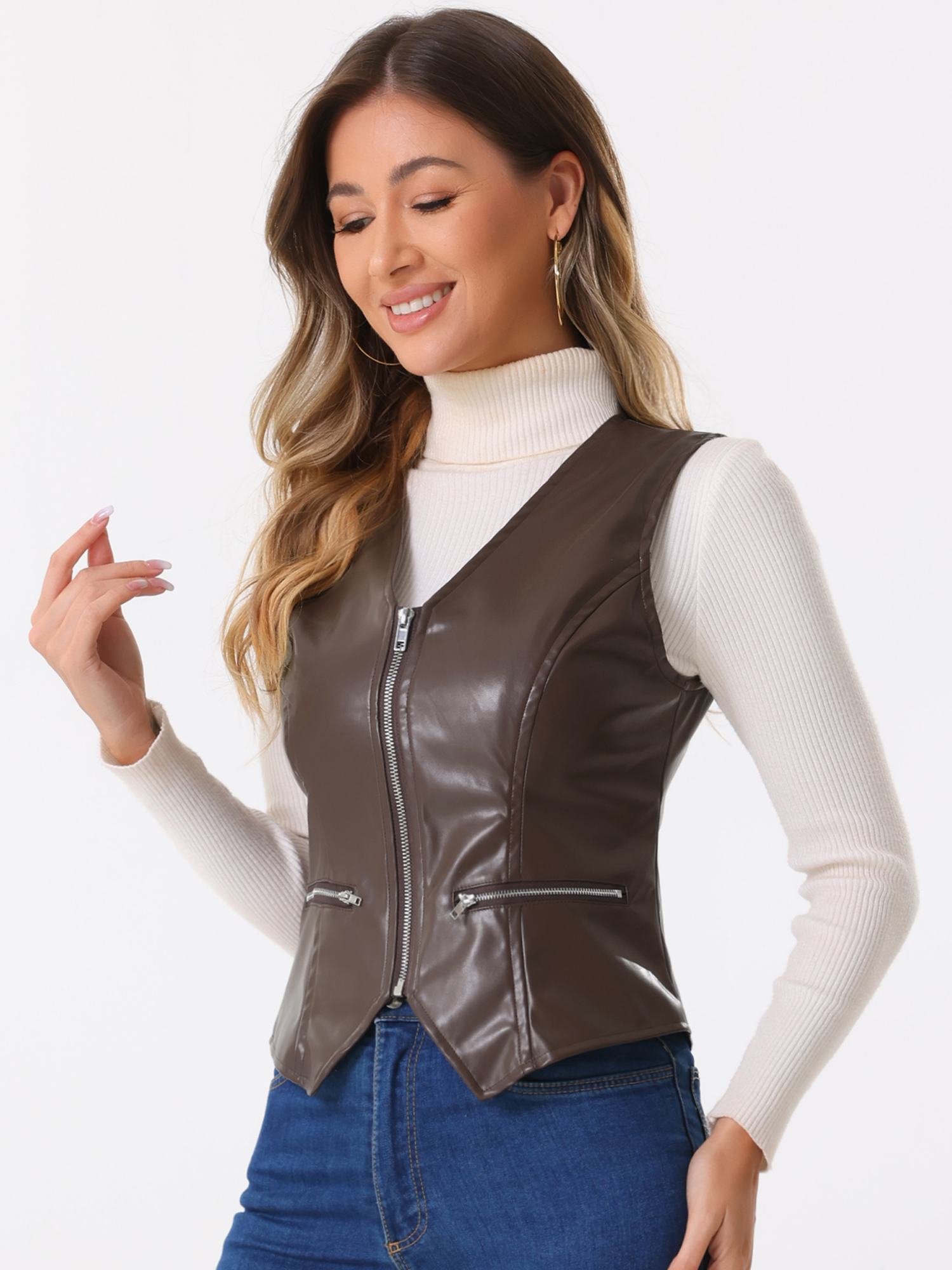 Faux Leather V Neck Sleeveless Zipper Motorcycle Biker Waistcoat Vest Brown/L