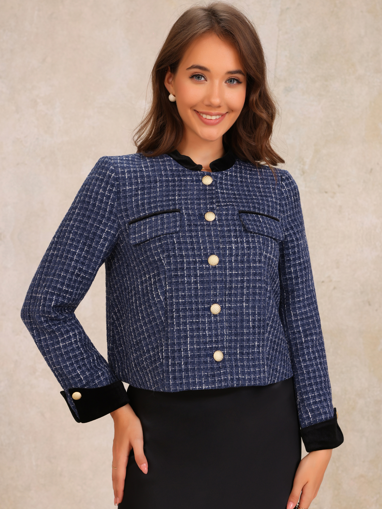 Tweed Button Down Stand Collar Long Sleeve Casual Jacket Blue/S