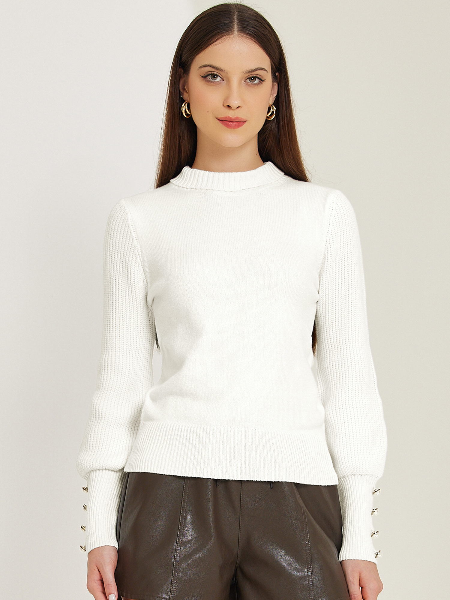 Turtle Neck Long Sleeve Ribbed Pullover Knit Sweater White/M