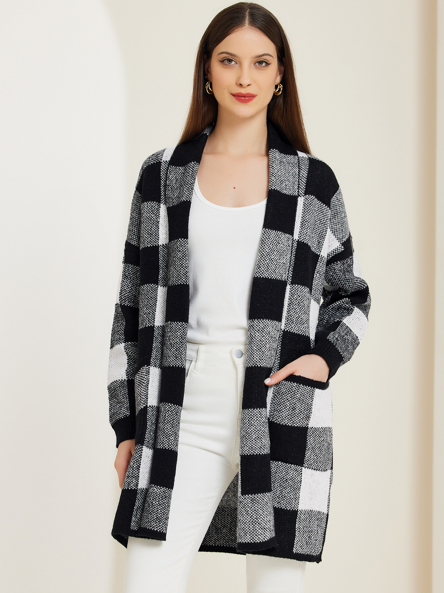 Plaid Long Sleeve Pocket Open Front Casual Winter Sweater Cardigan Black/L