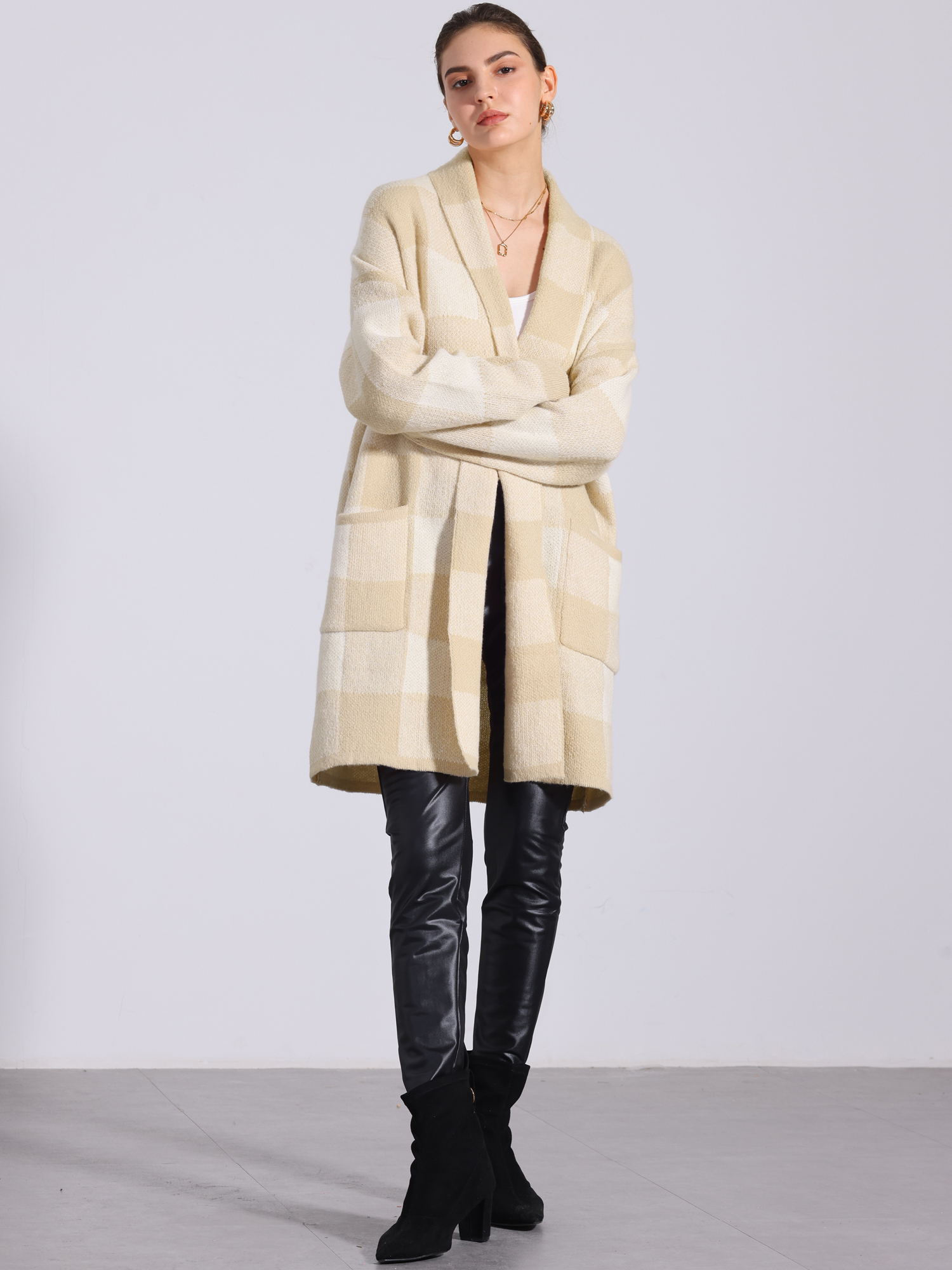 Plaid Long Sleeve Pocket Open Front Casual Winter Sweater Cardigan Apricot/L