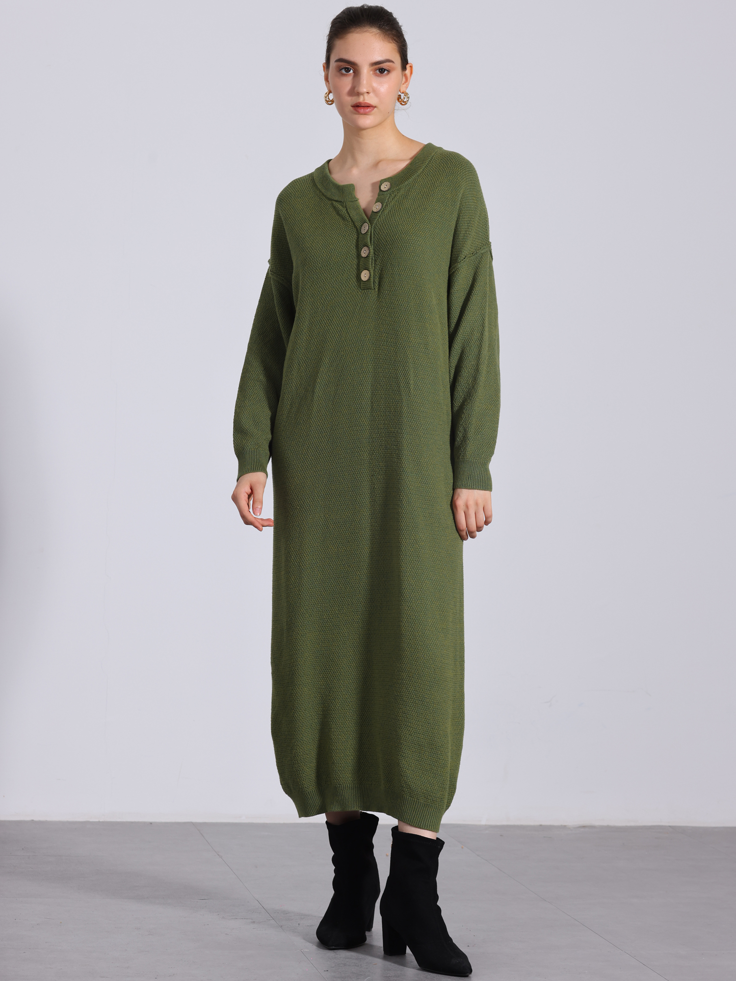 Knit Long Sleeve Buttons Crew Neck Midi Sweater Dress Green/L