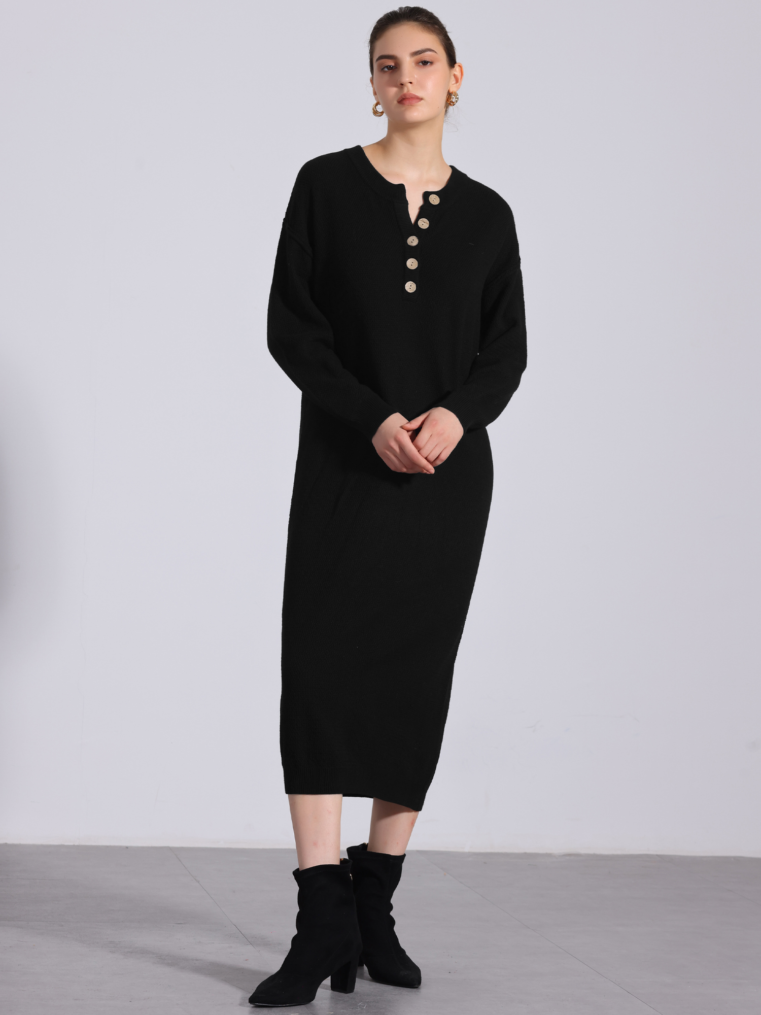 Knit Long Sleeve Buttons Crew Neck Midi Sweater Dress Black/M