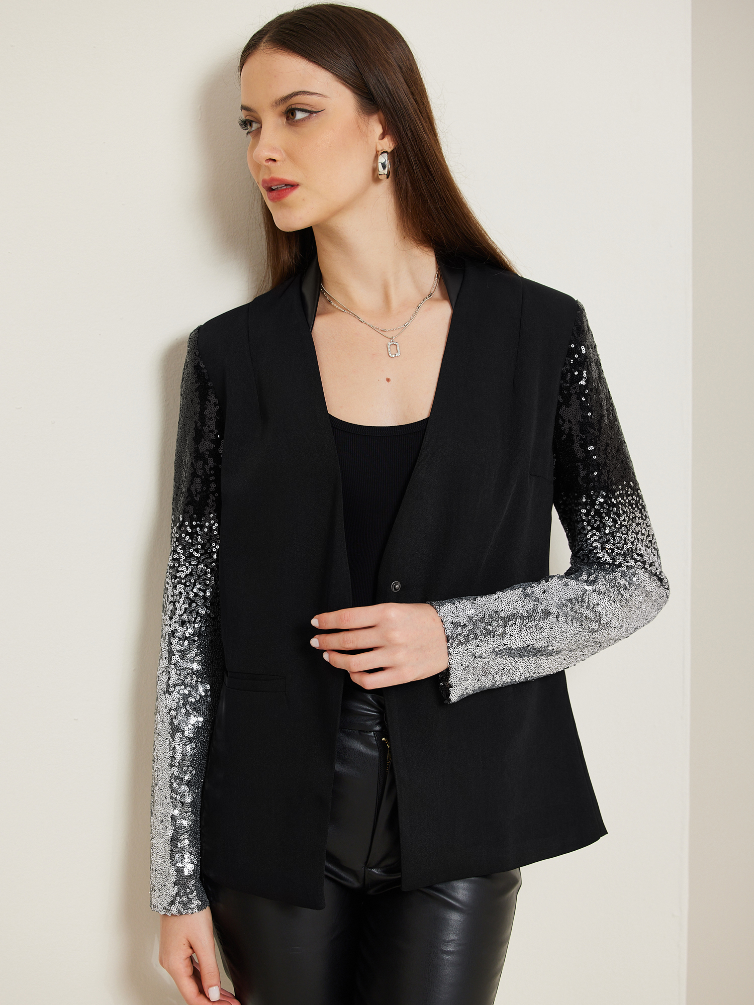 Shiny Sequin Long Sleeves Sparkle Casual Blazer Jacket Black/XL