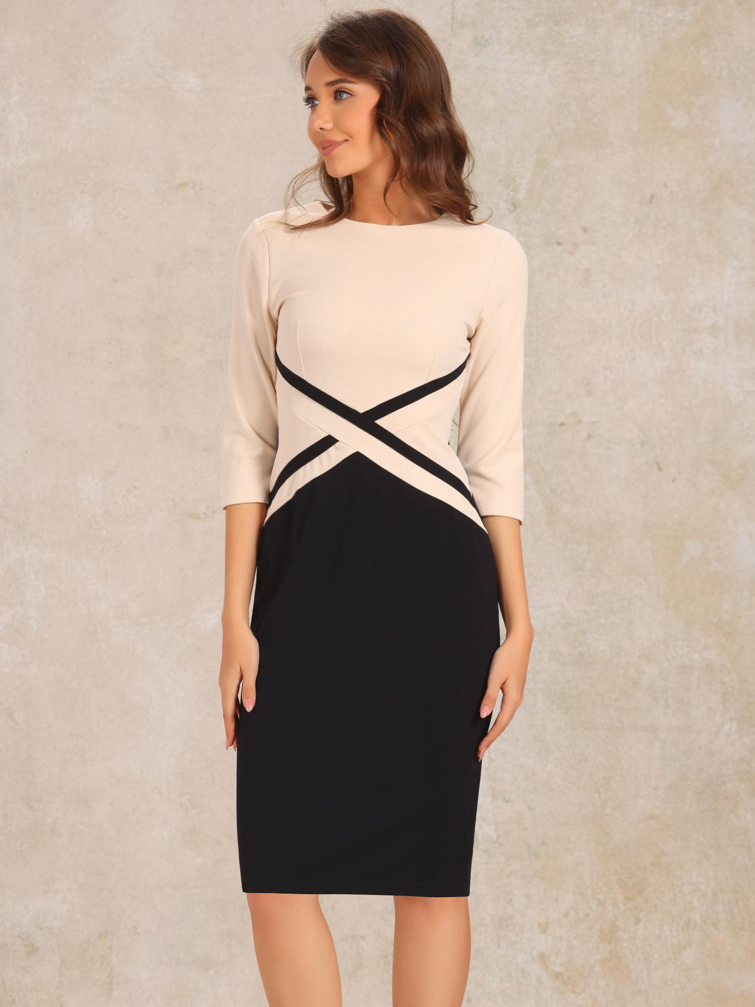 Contrast Color 3/4 Sleeve Bodycon Work Office Pencil Sheath Dress Apricot/XS