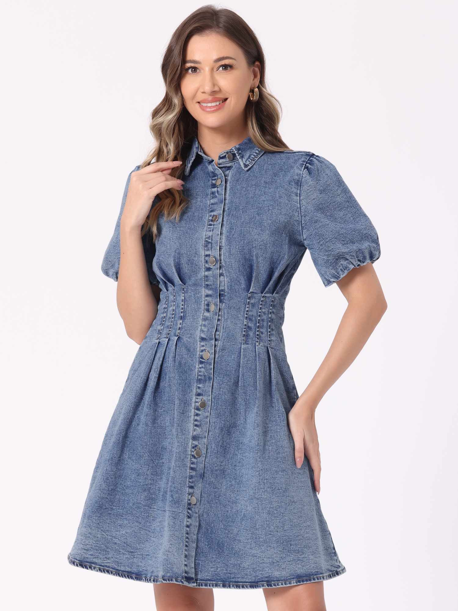 Denim Puff Short Sleeve Button Down A-Line Jean Dress Mid Blue/S