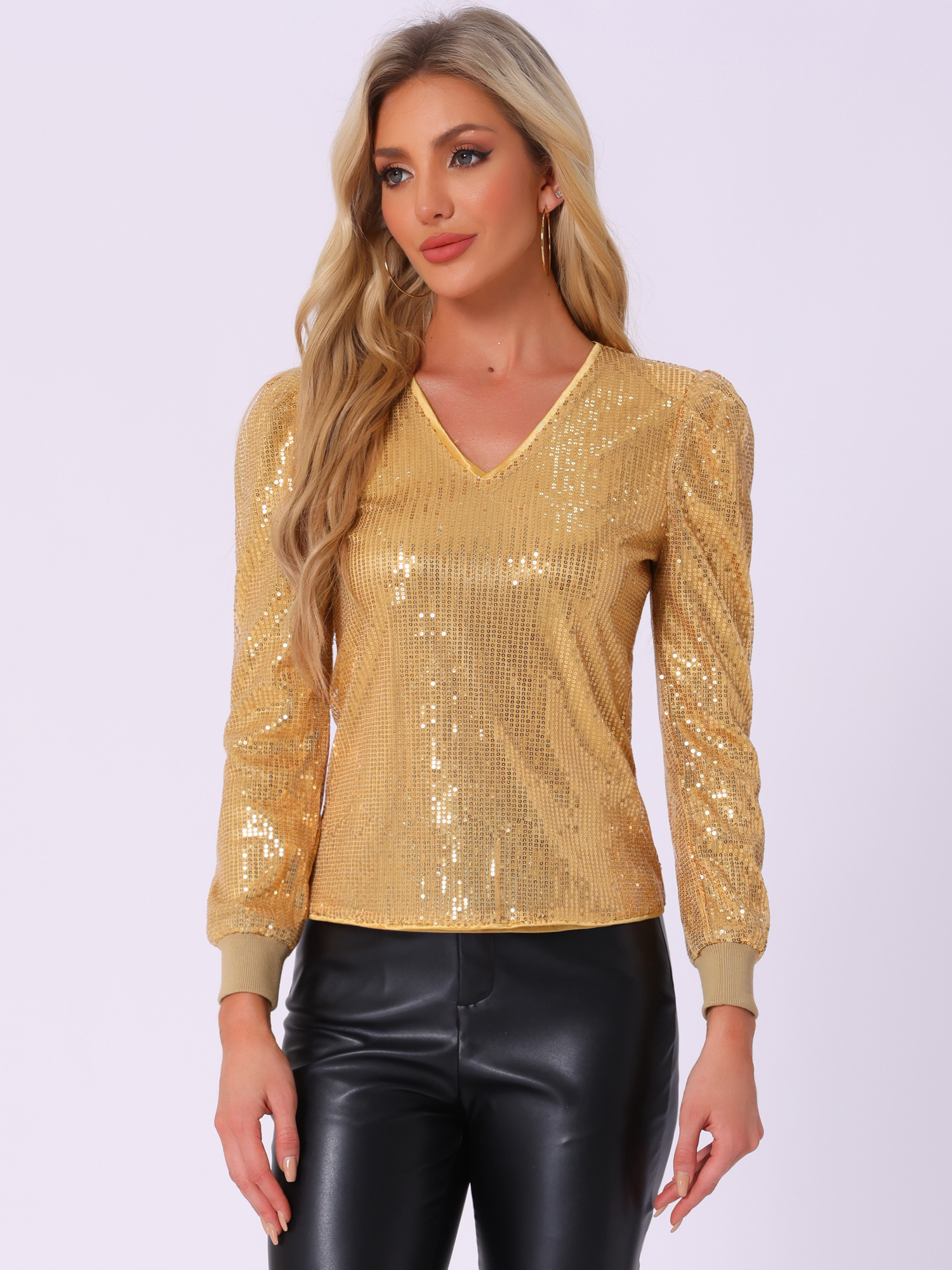 Sequin Top V Neck Party Metallic Sparkly Blouse Gold/XL