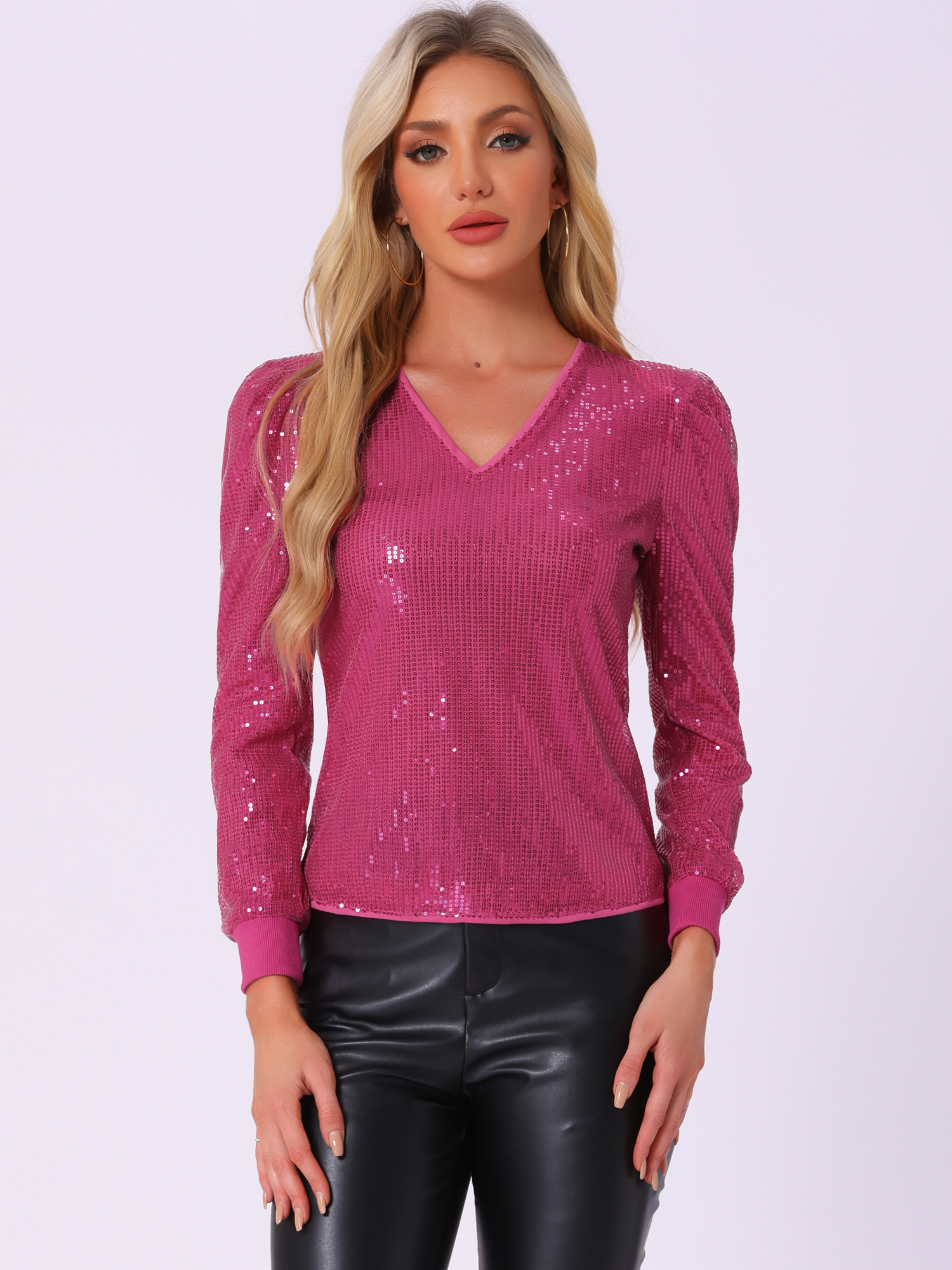 Sequin Top V Neck Party Metallic Sparkly Blouse Hot Pink/L