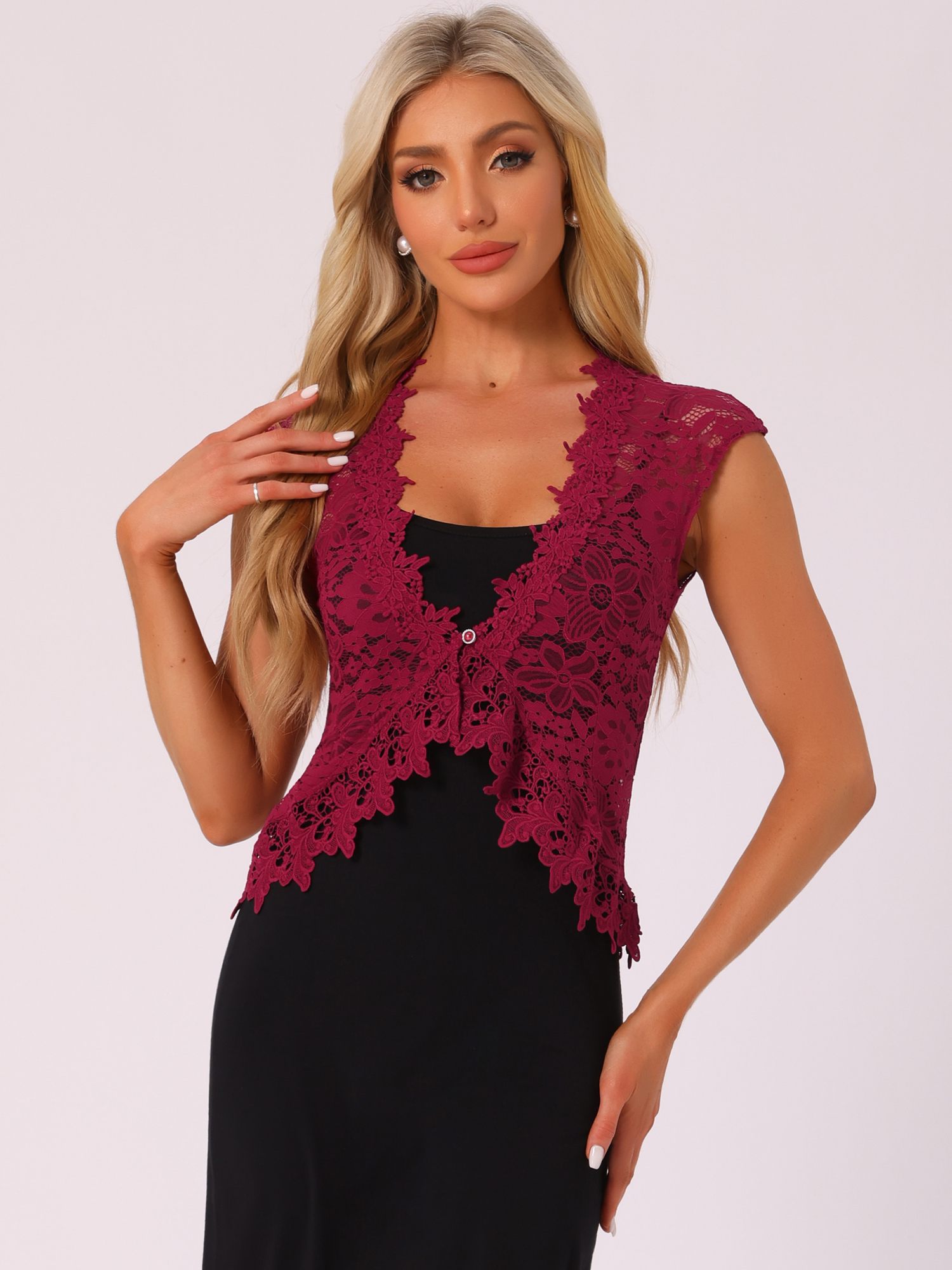 Floral Lace Shrug Wedding Guest Cap Sleeve Formal Sheer Bolero Cardigan Burgundy/S