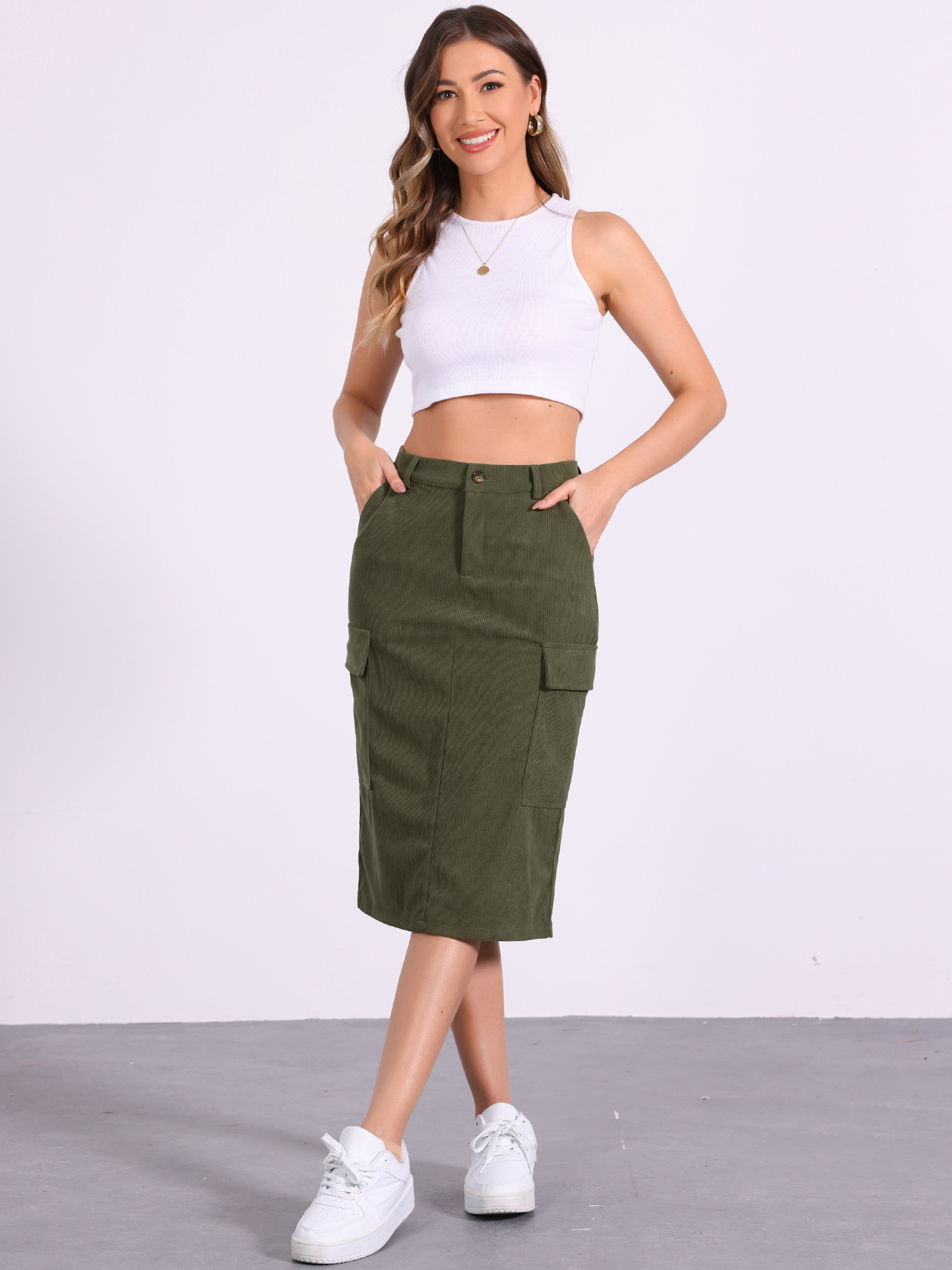 High Waisted Elastic Back Corduroy Midi Cargo Skirt Army Green/XS