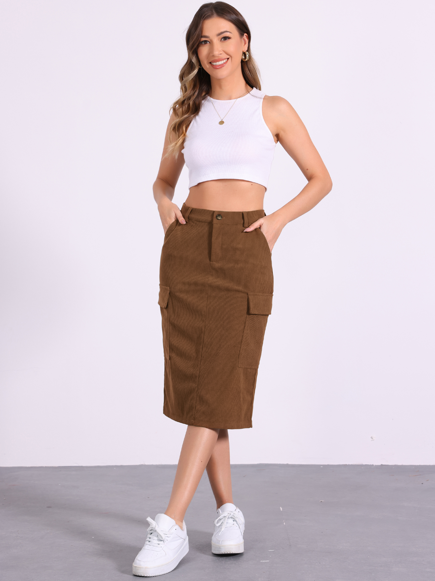 High Waisted Elastic Back Corduroy Midi Cargo Skirt Brown/XS