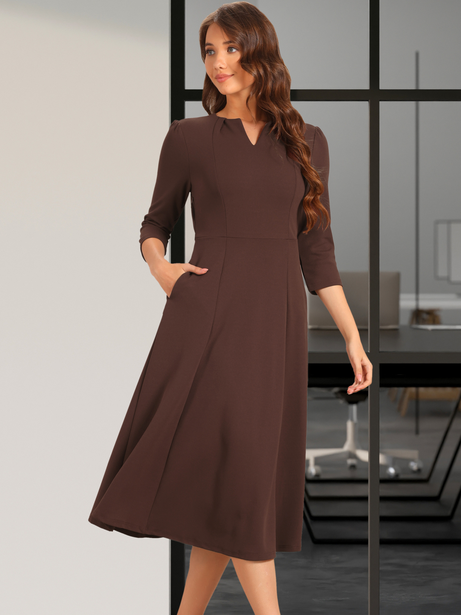 Notch Neck Pocketed 3/4 Sleeve Solid A-Line Work Dress Dark Brown/S