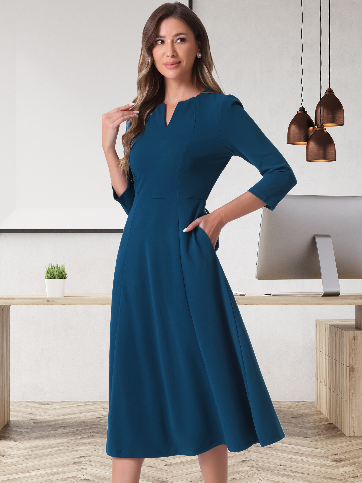 Notch Neck Pocketed 3/4 Sleeve Solid A-Line Work Dress Dark Blue/XS