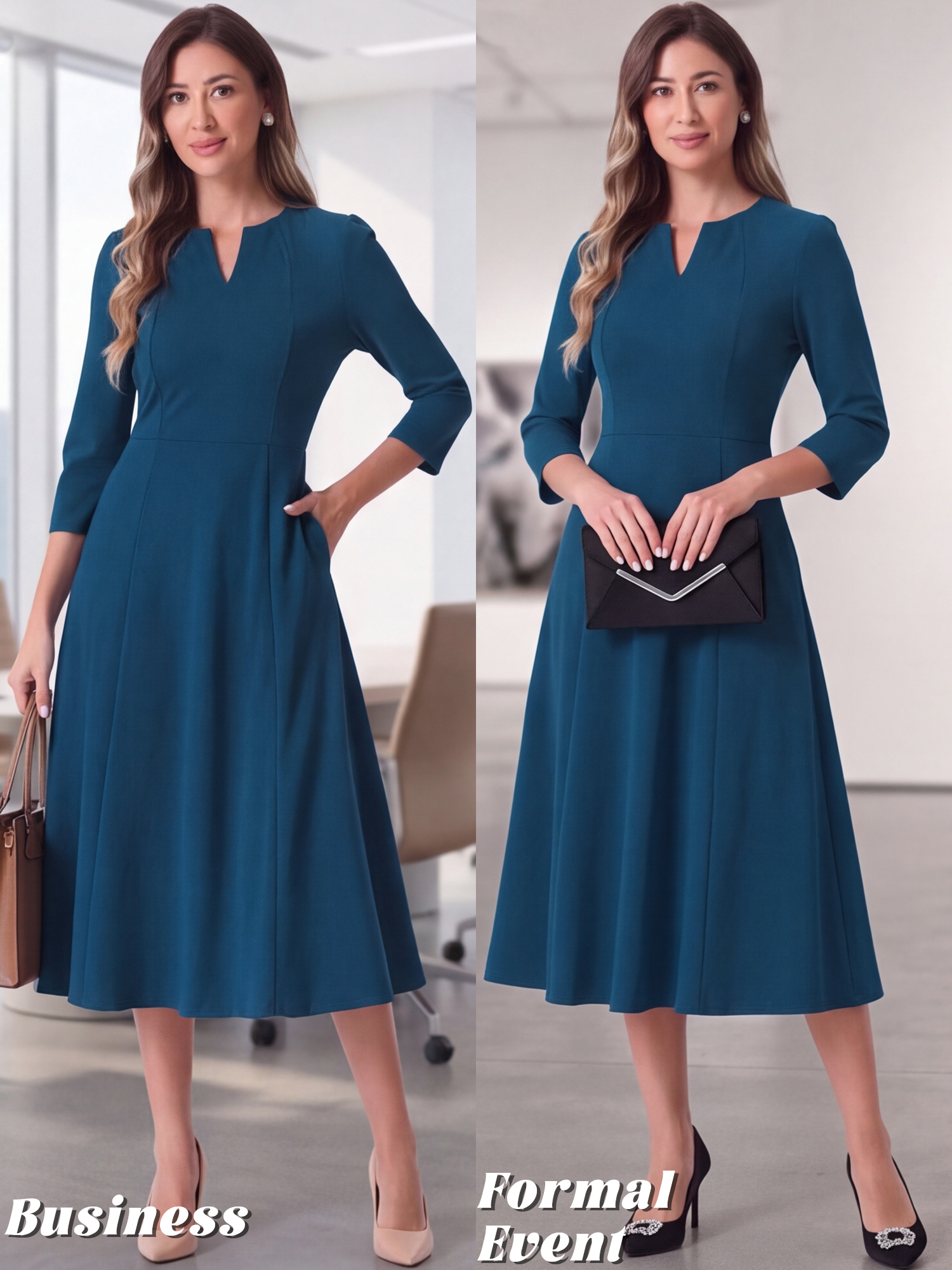 Notch Neck Pocketed 3/4 Sleeve Solid A-Line Work Dress Dark Blue/XL