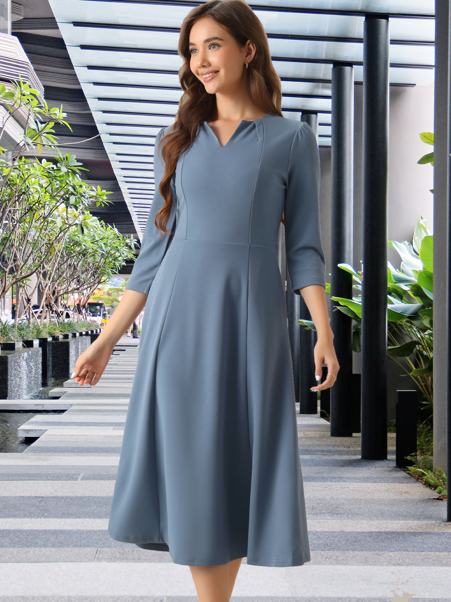 Notch Neck Pocketed 3/4 Sleeve Solid A-Line Work Dress Gray Blue/XS